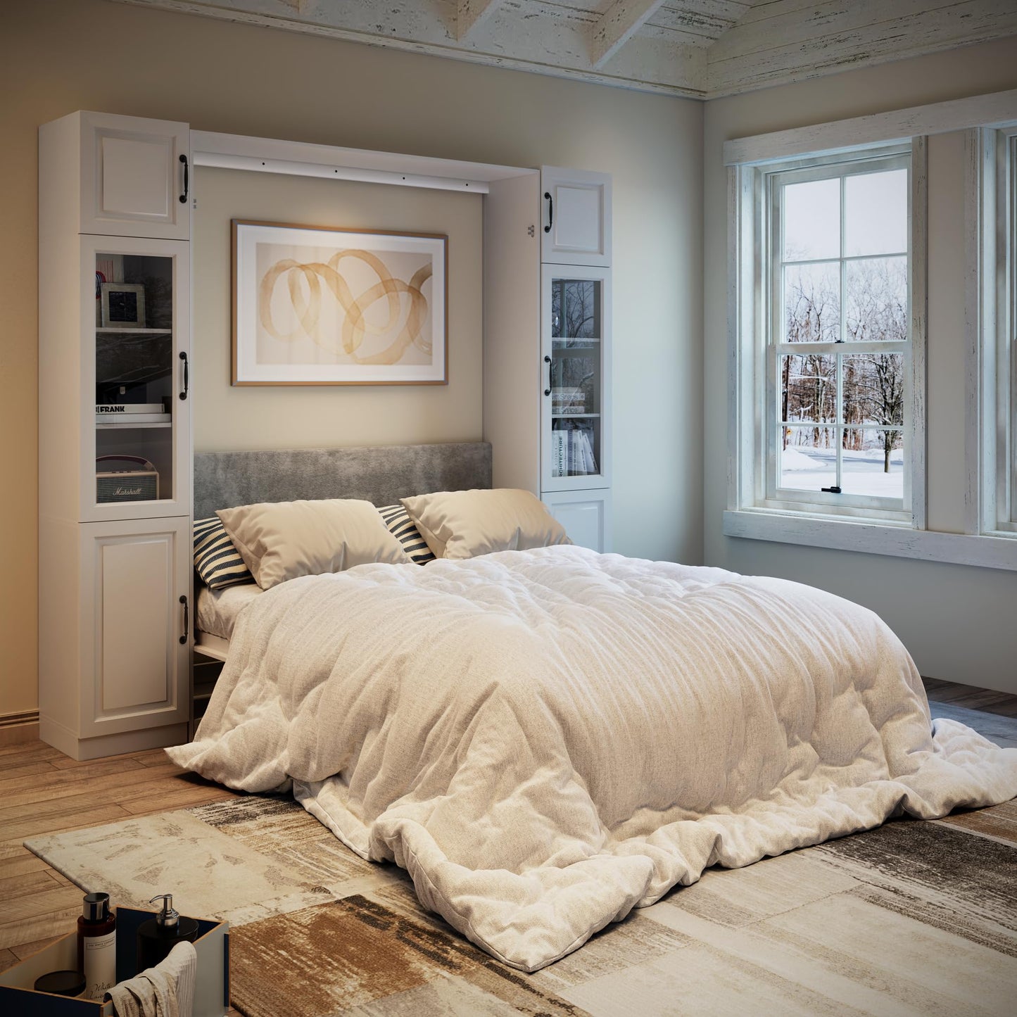 Farmhouse Queen Murphy Bed with Storage Cabinets