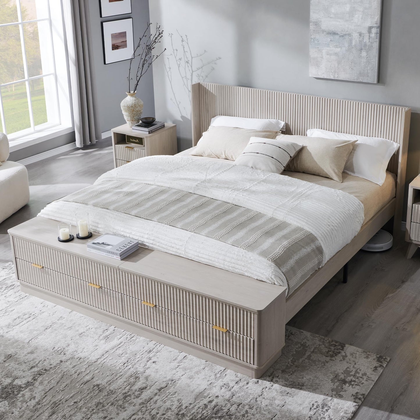 Fluted Storage Bed Frame with Wingback Headboard
