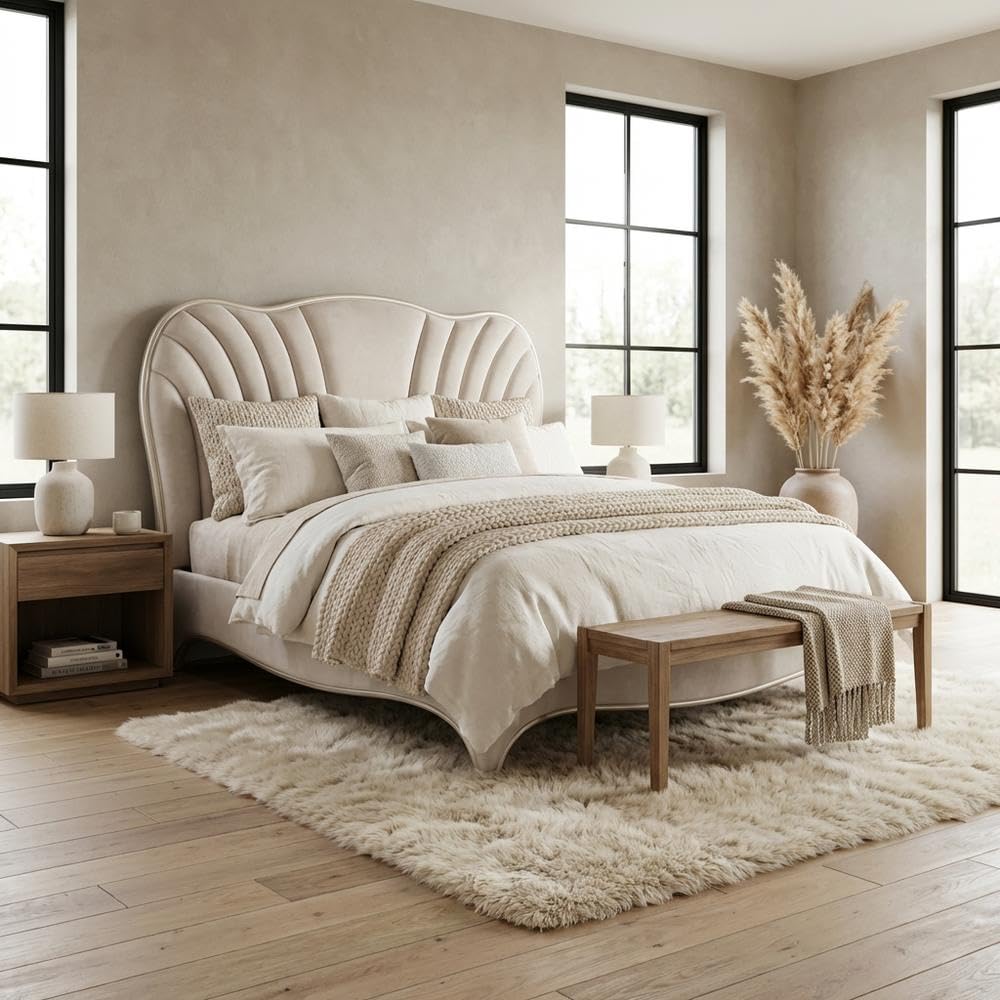 Beige Velvet Upholstered Panel Bed