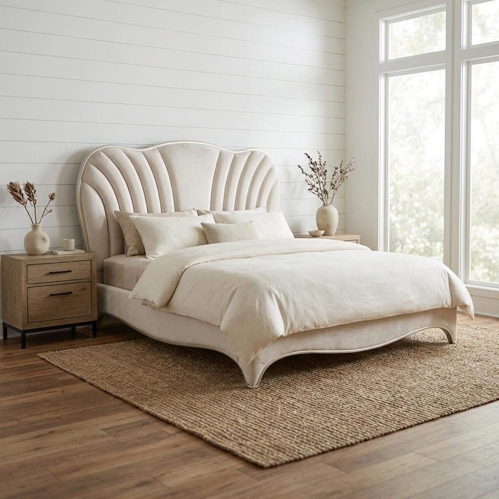 Beige Velvet Upholstered Panel Bed