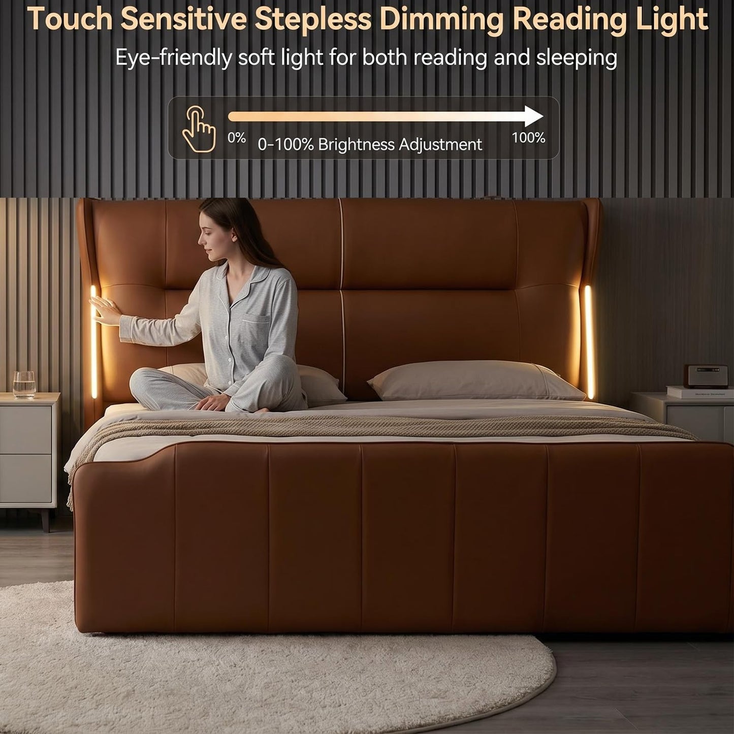 Genuine Leather Bed Frame with Reading Lights