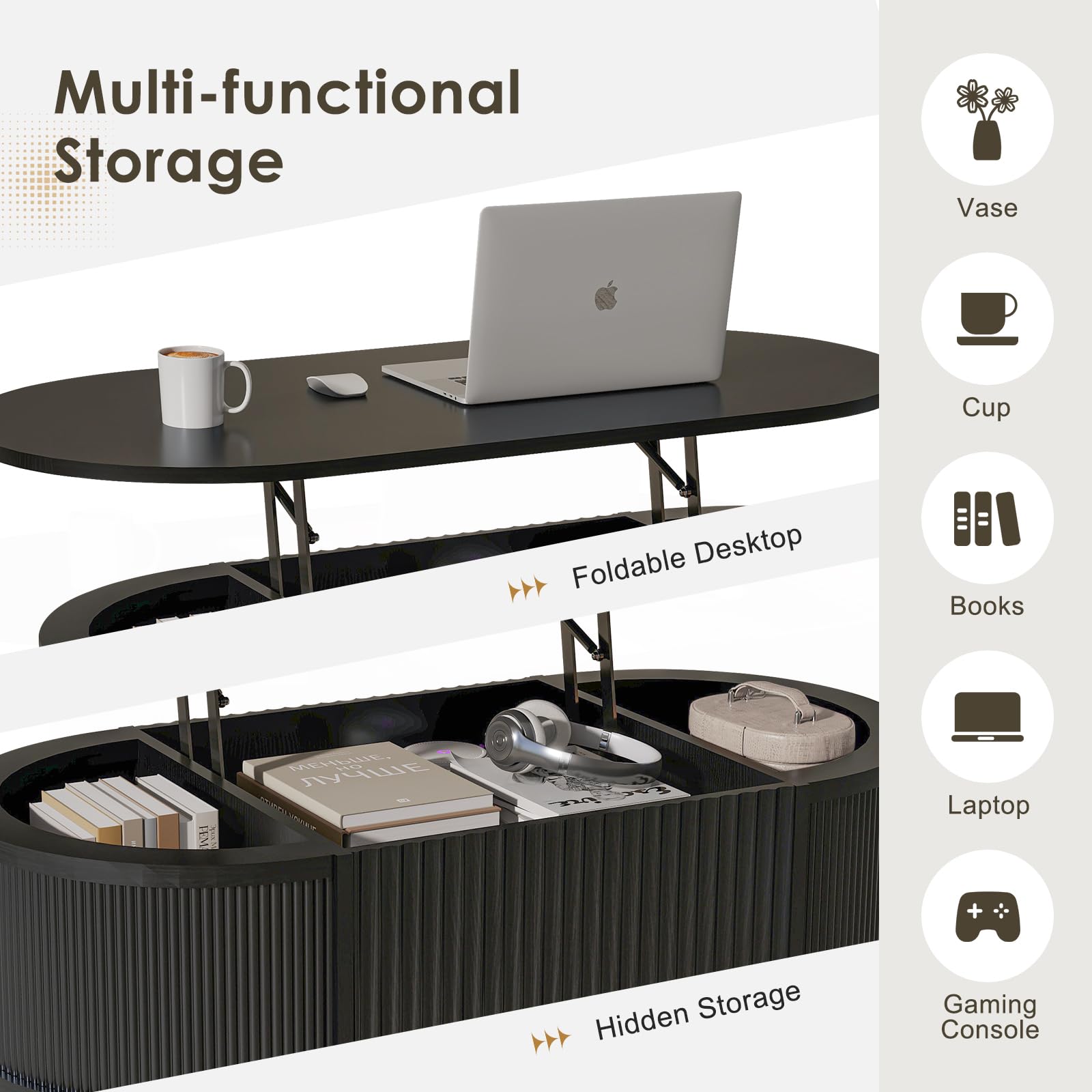 Fluted Lift Top Storage Coffee Table