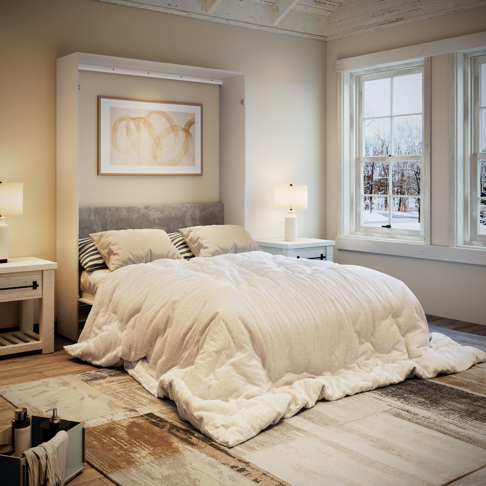 Farmhouse Queen Murphy Bed with Storage Cabinets