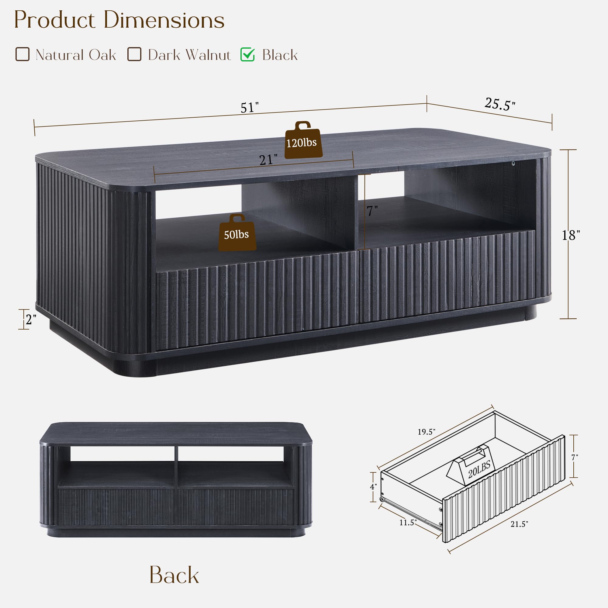 Fluted Storage Coffee Table with Drawers