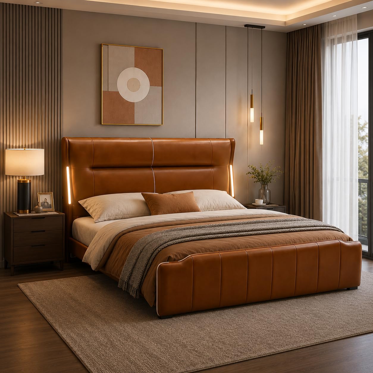 Genuine Leather Bed Frame with Reading Lights