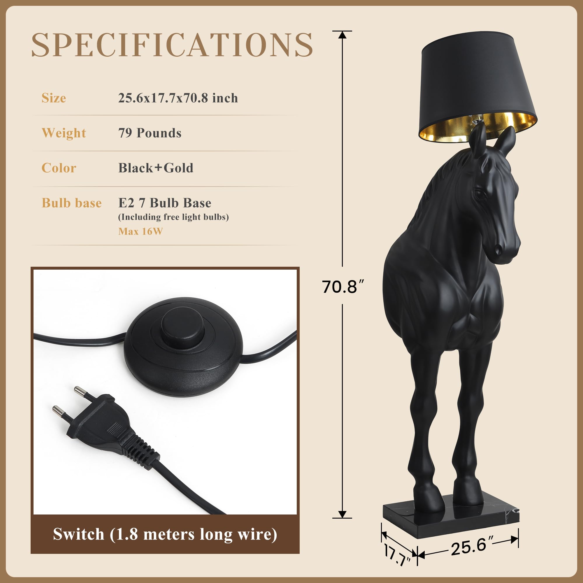 Horse Sculpture Floor Lamp with Marble Base