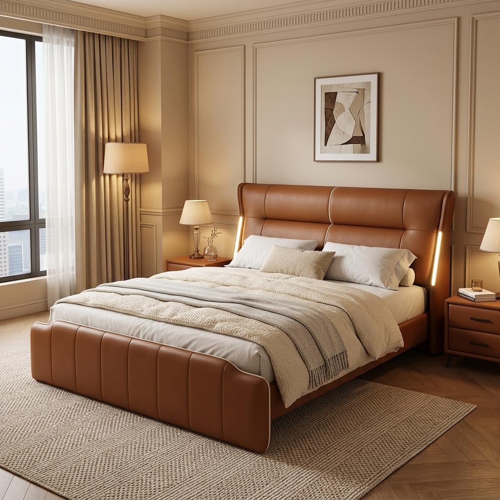 Genuine Leather Bed Frame with Reading Lights