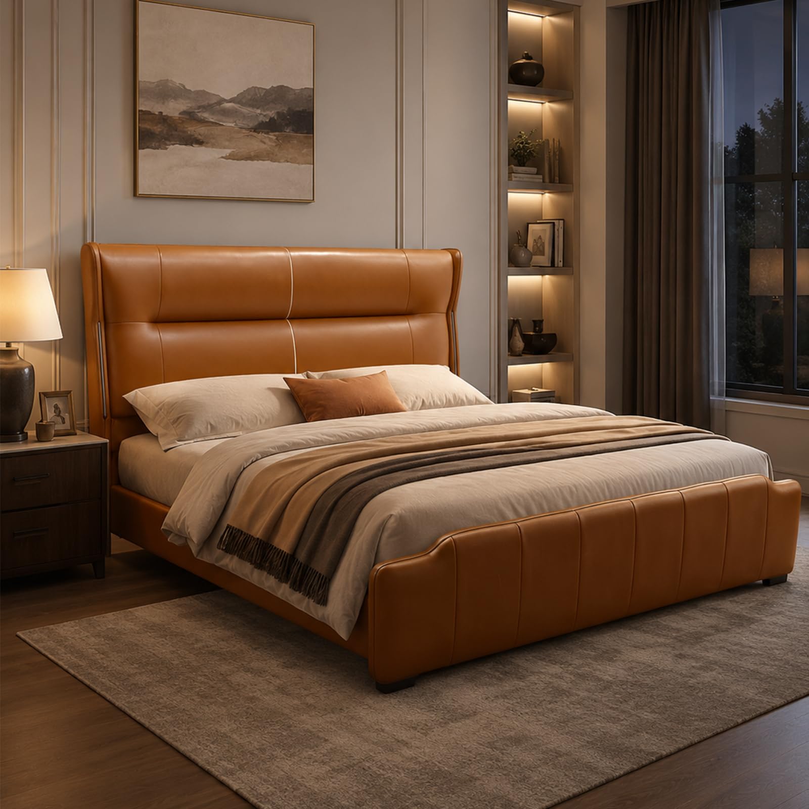 Genuine Leather Bed Frame with Reading Lights