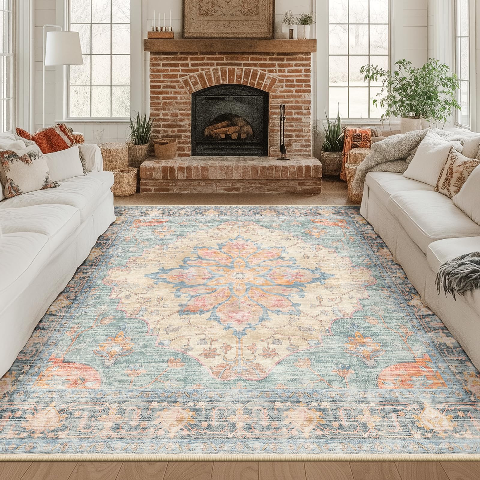 Washable Vintage Floral Area Rug
