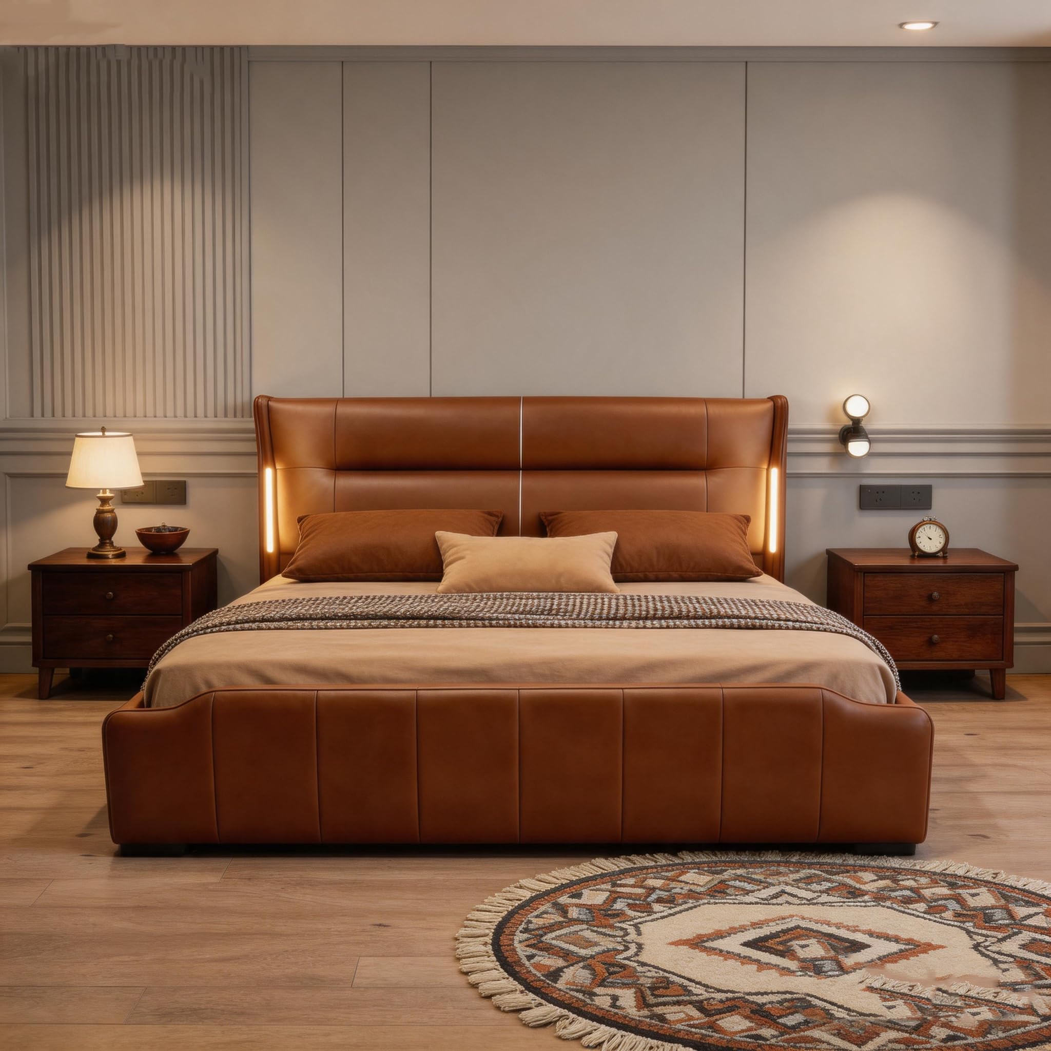 Genuine Leather Bed Frame with Reading Lights