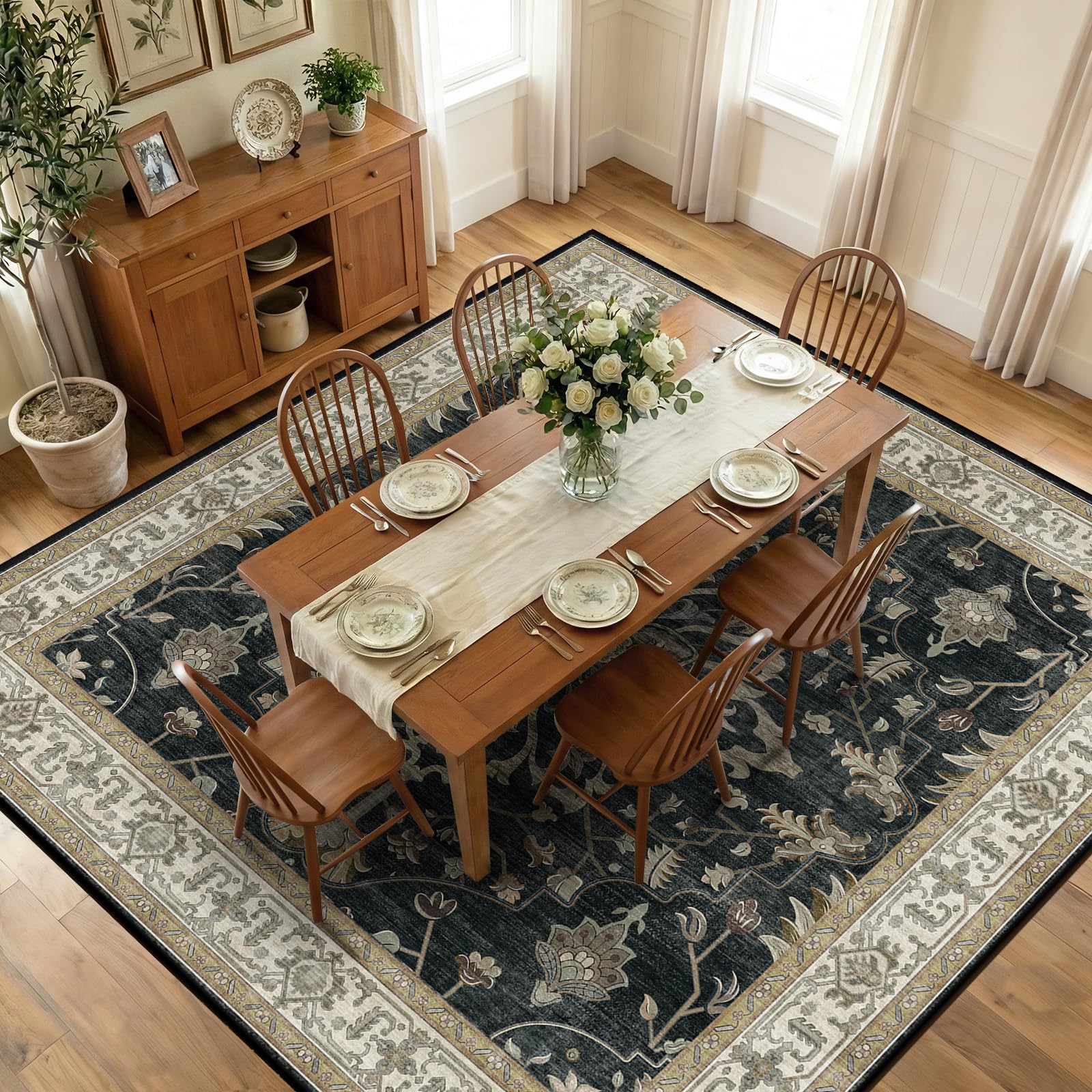 Washable Vintage Floral Area Rug