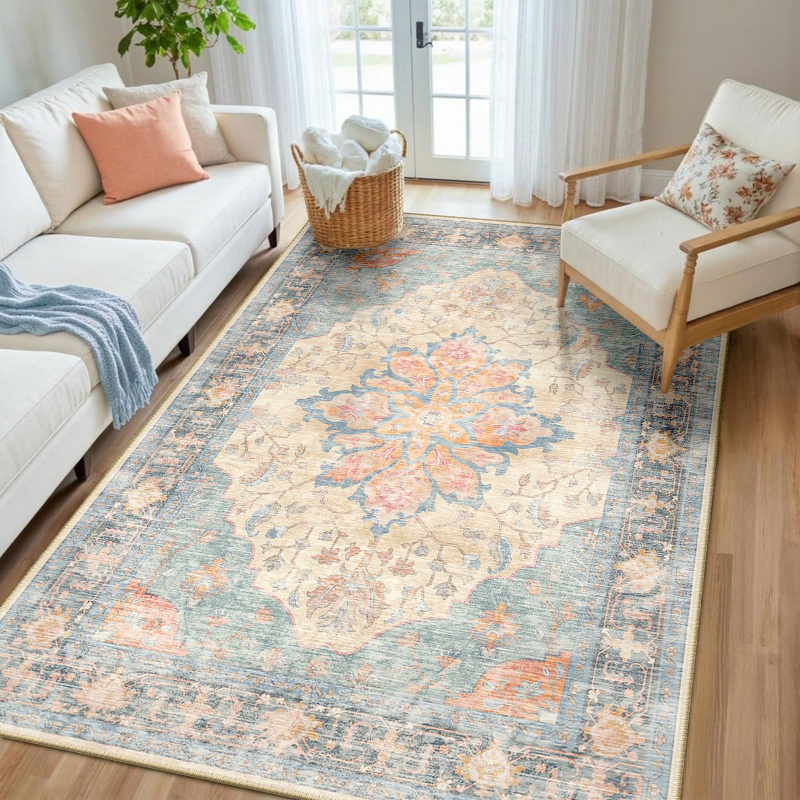 Washable Vintage Floral Area Rug