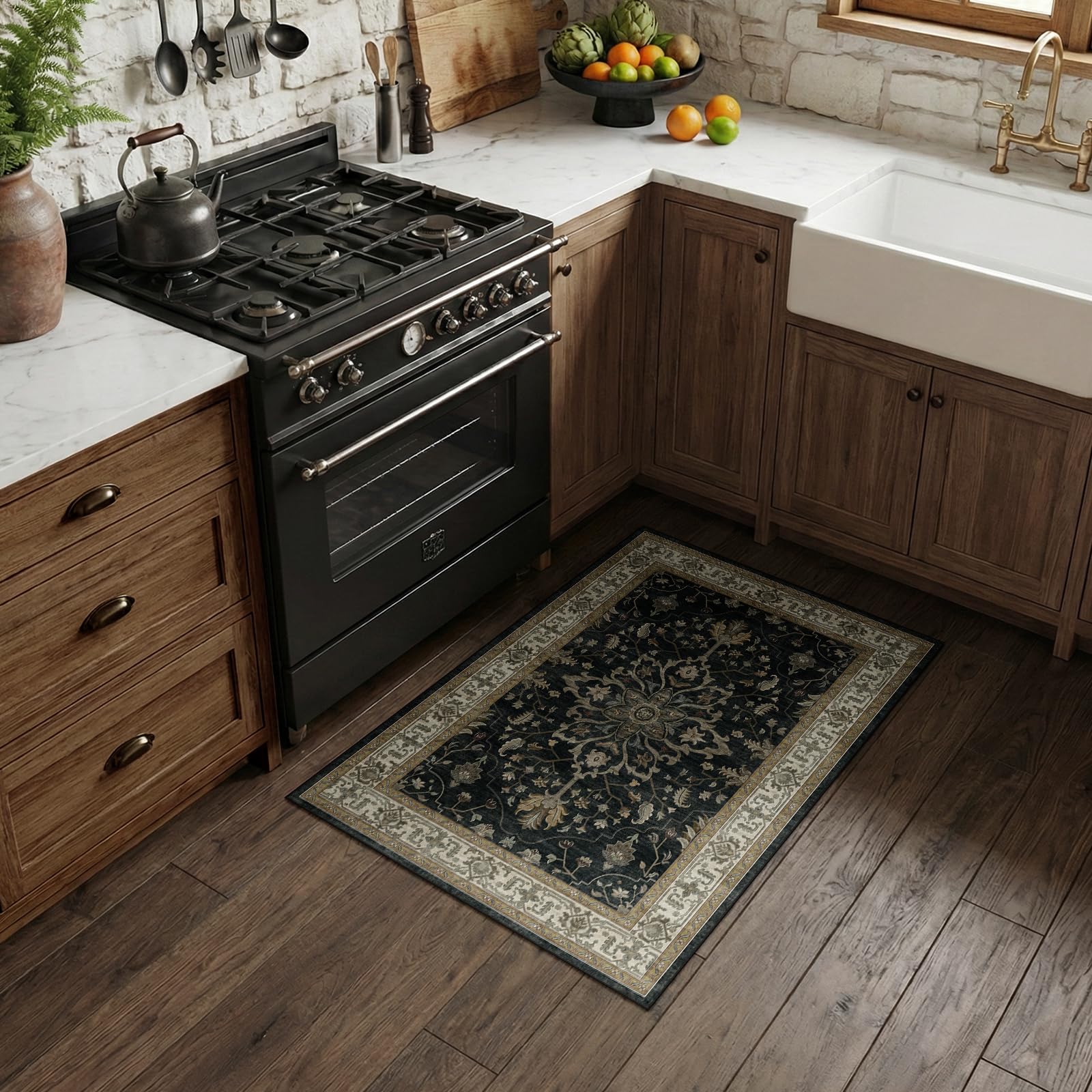 Washable Vintage Floral Area Rug