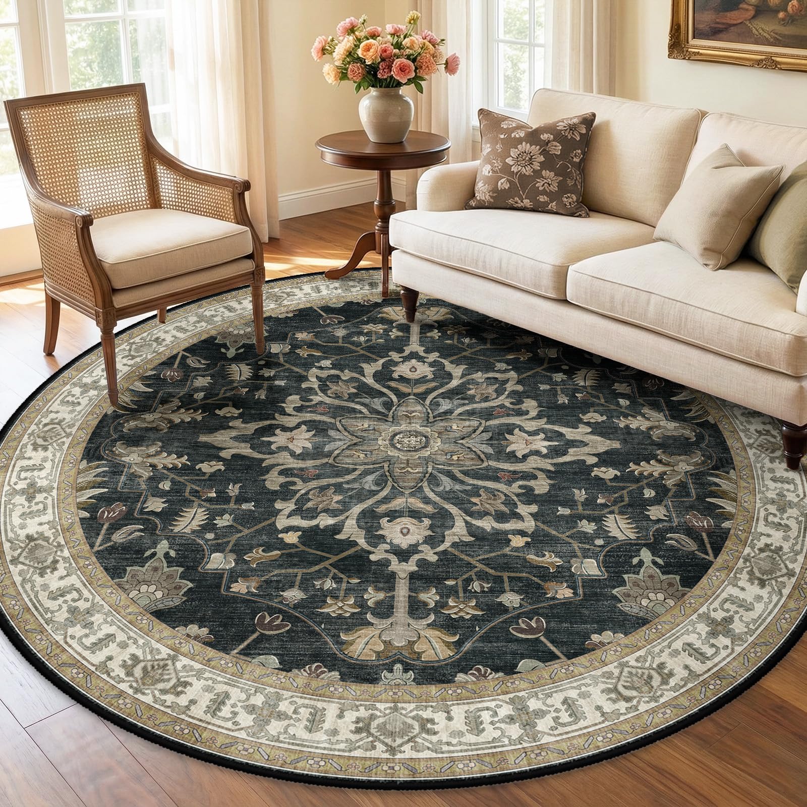 Washable Vintage Floral Area Rug