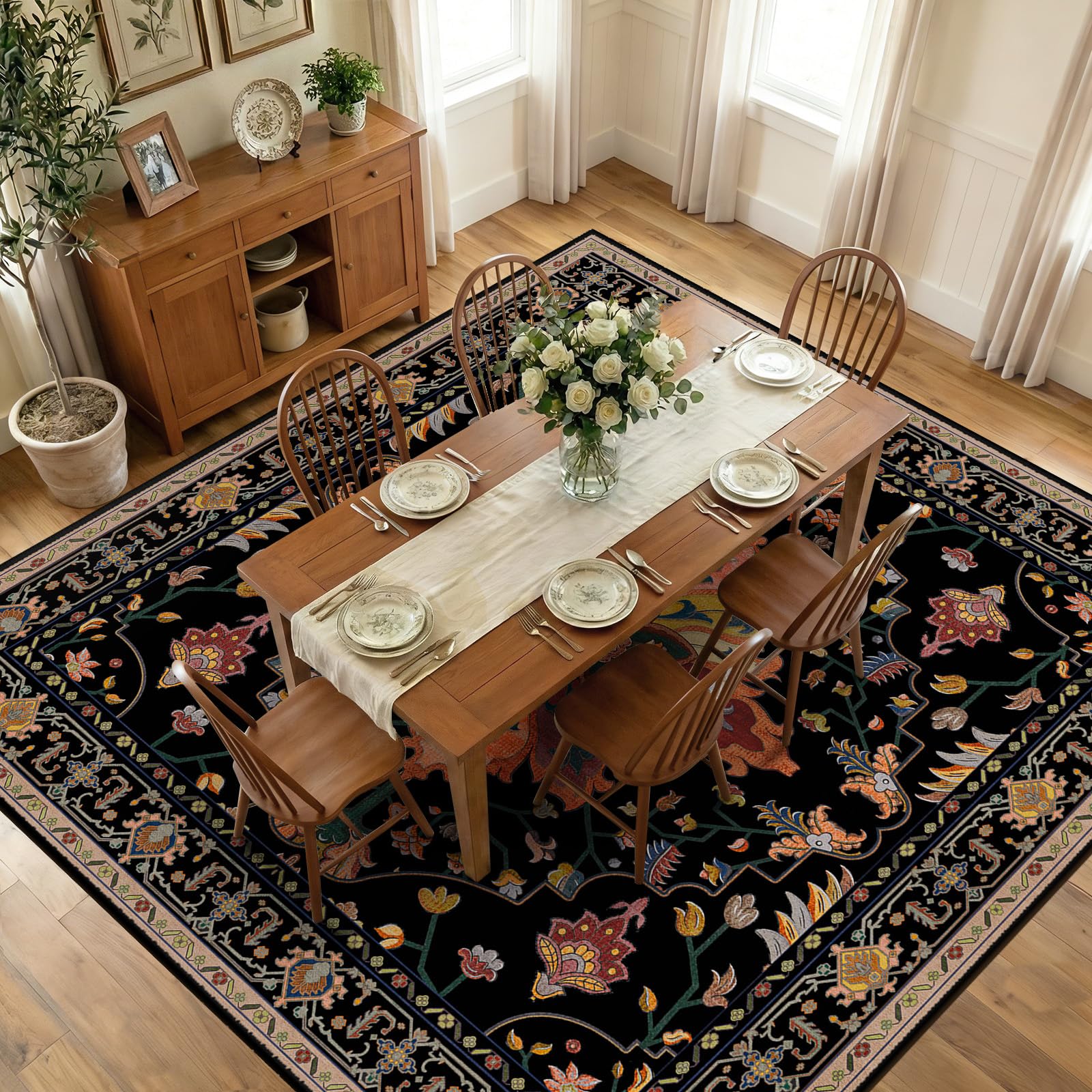 Washable Vintage Floral Area Rug