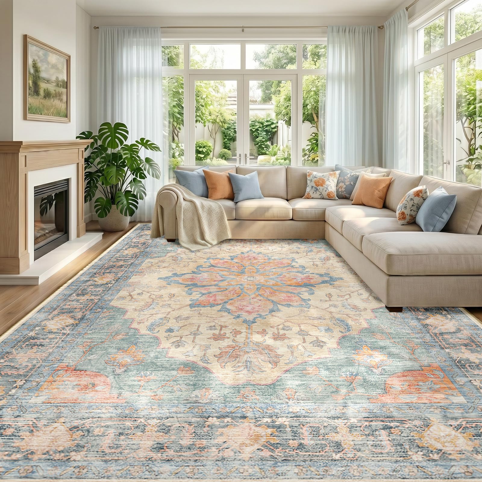 Washable Vintage Floral Area Rug