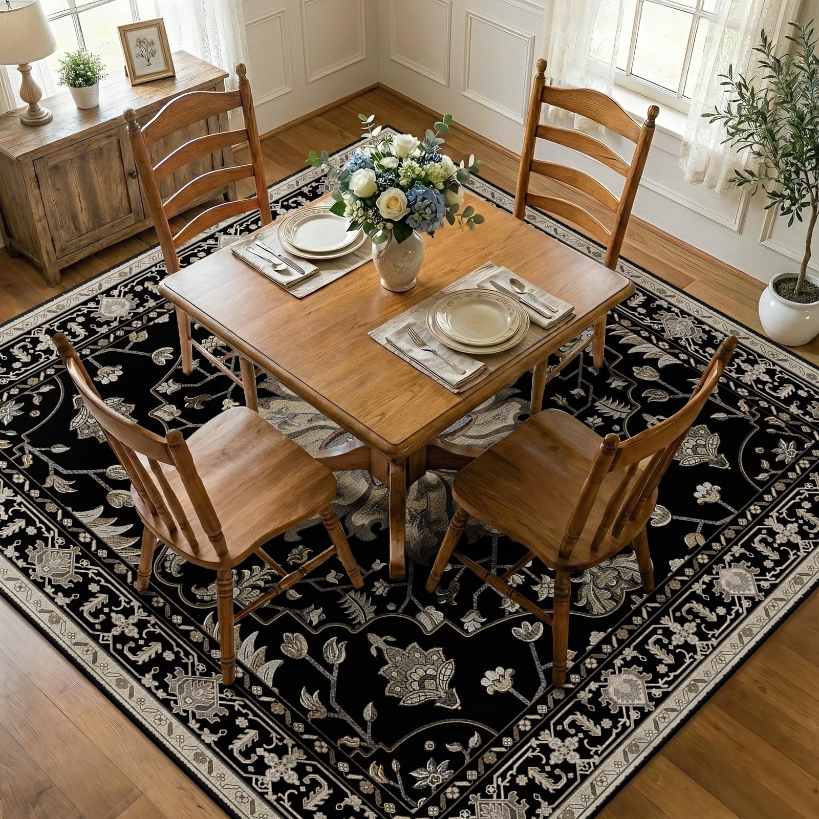 Washable Vintage Floral Area Rug