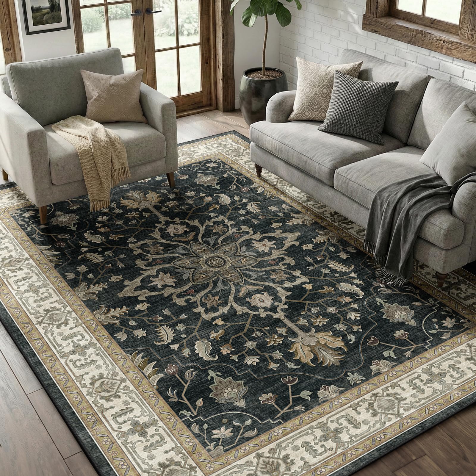Washable Vintage Floral Area Rug
