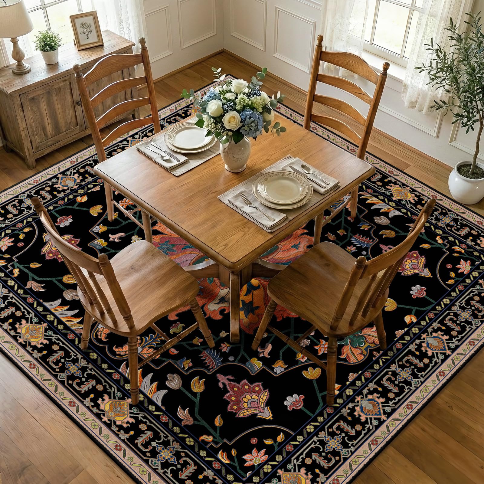Washable Vintage Floral Area Rug