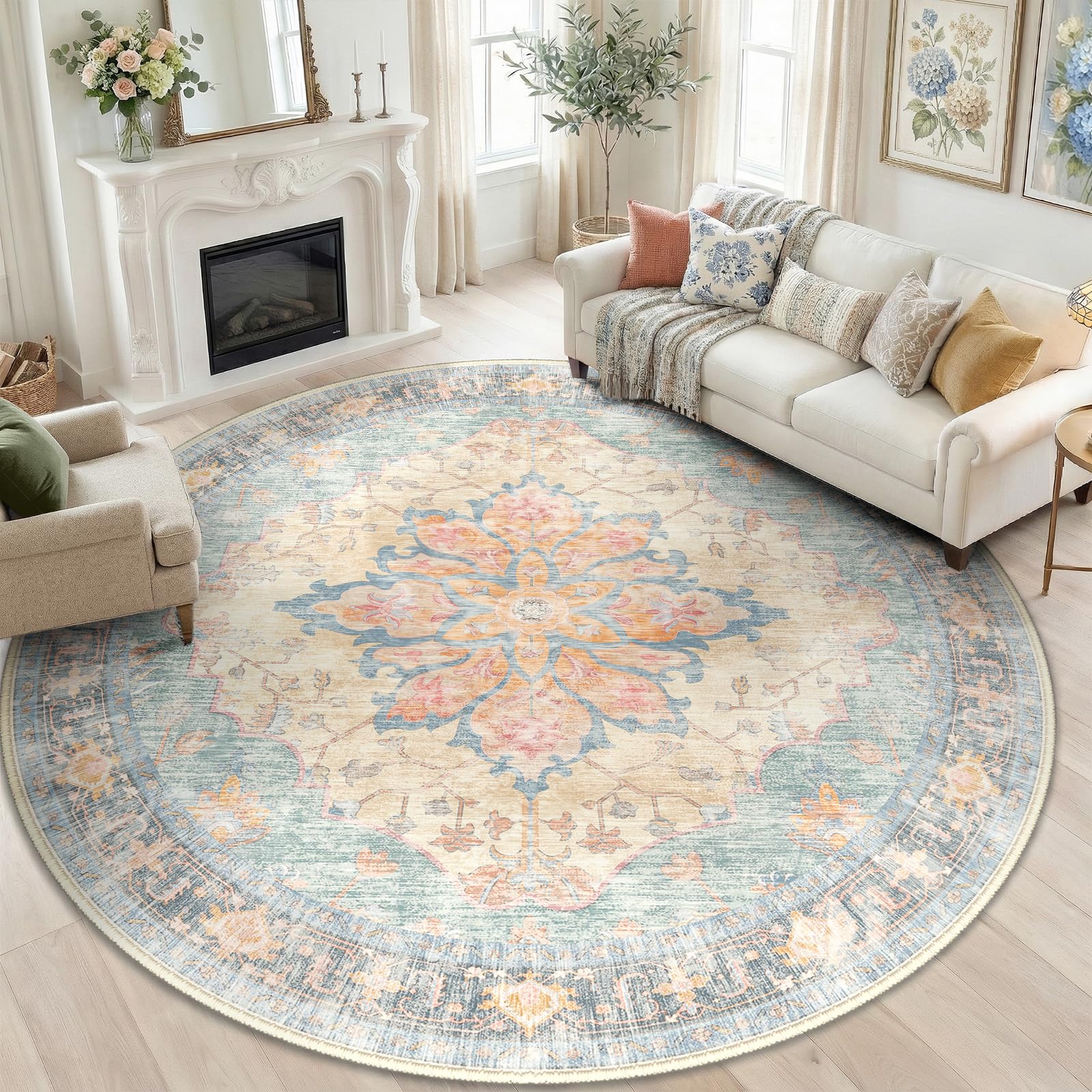 Washable Vintage Floral Area Rug