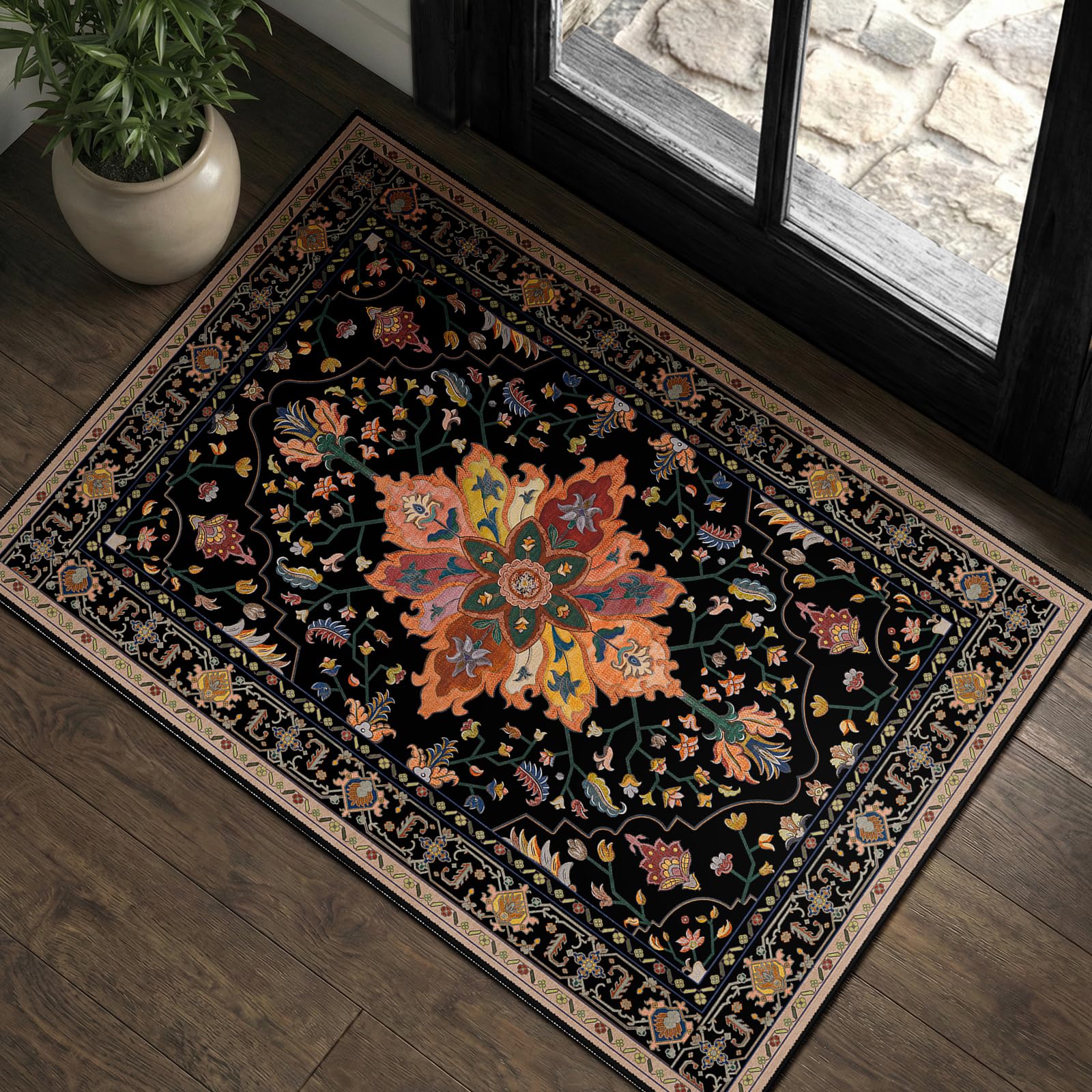 Washable Vintage Floral Area Rug