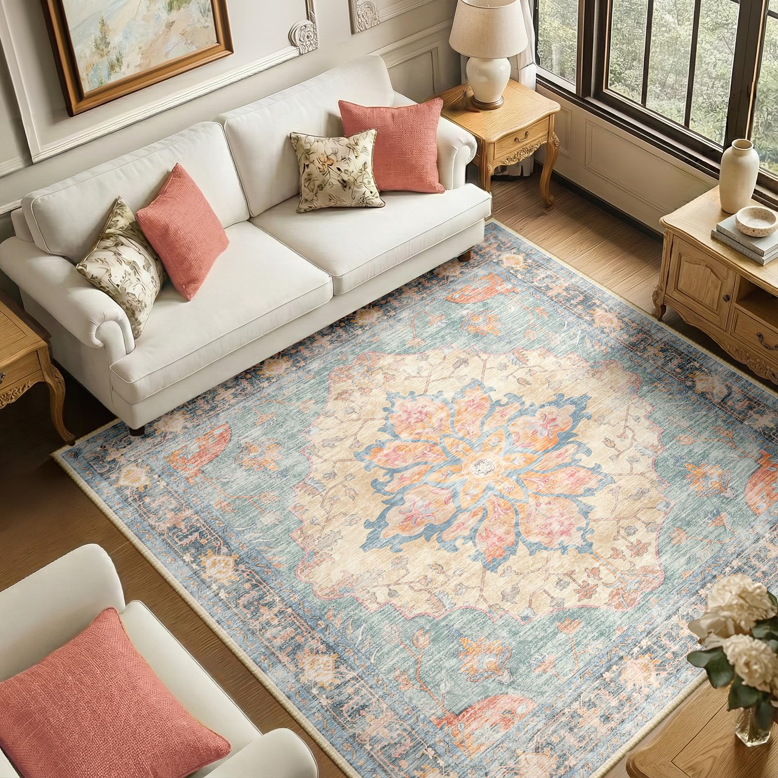 Washable Vintage Floral Area Rug