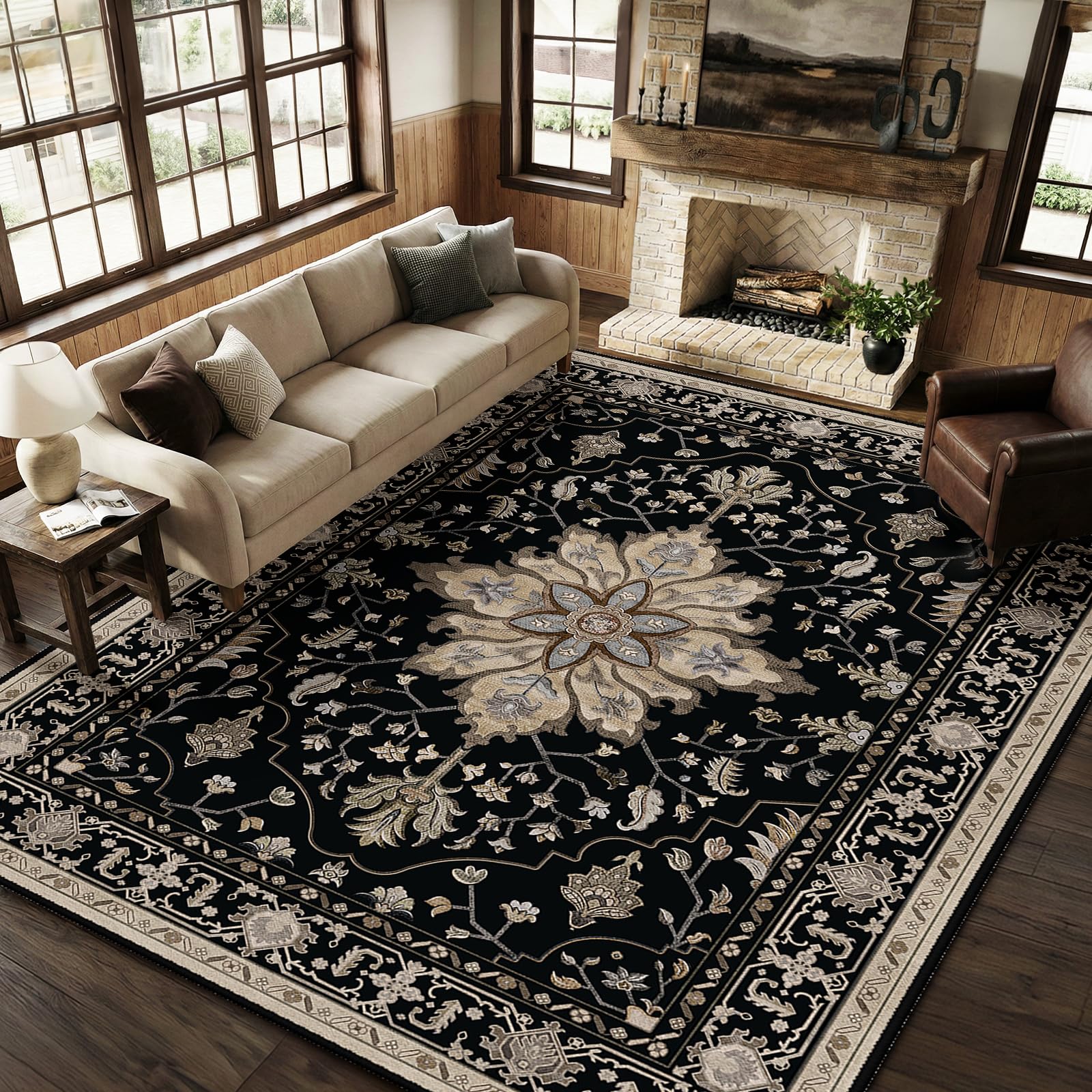 Washable Vintage Floral Area Rug