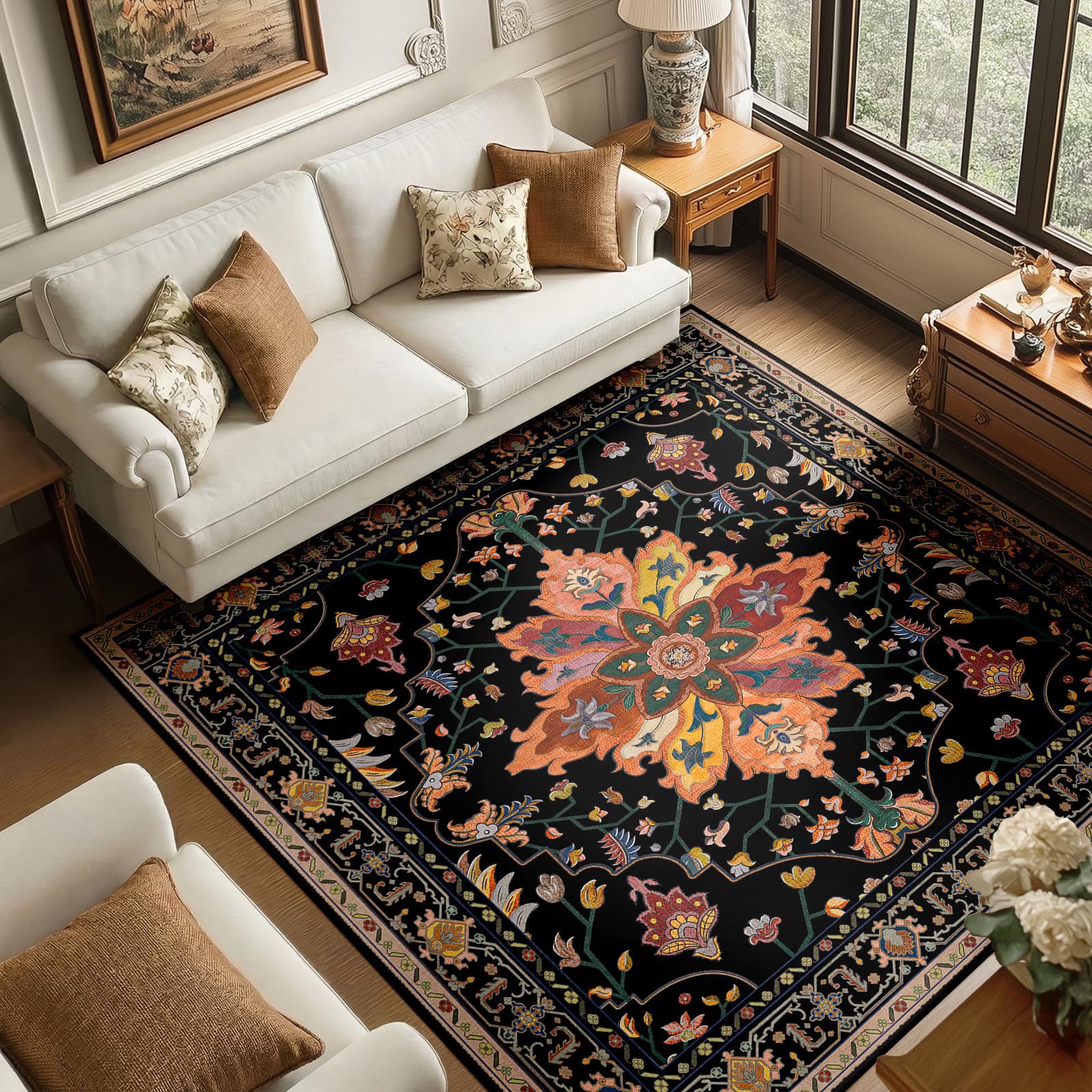Washable Vintage Floral Area Rug