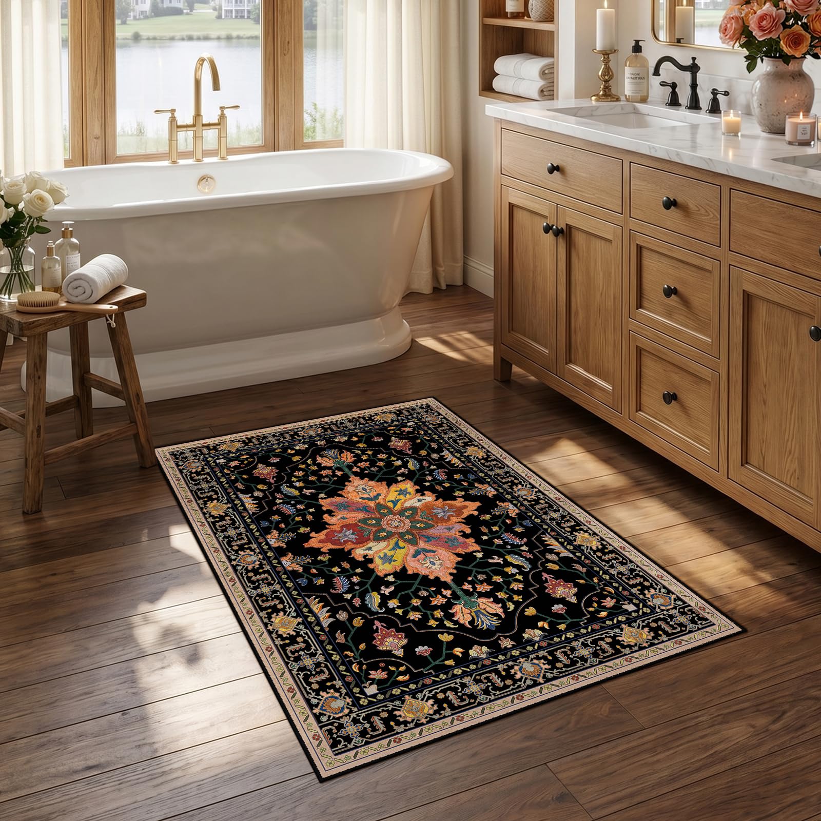 Washable Vintage Floral Area Rug