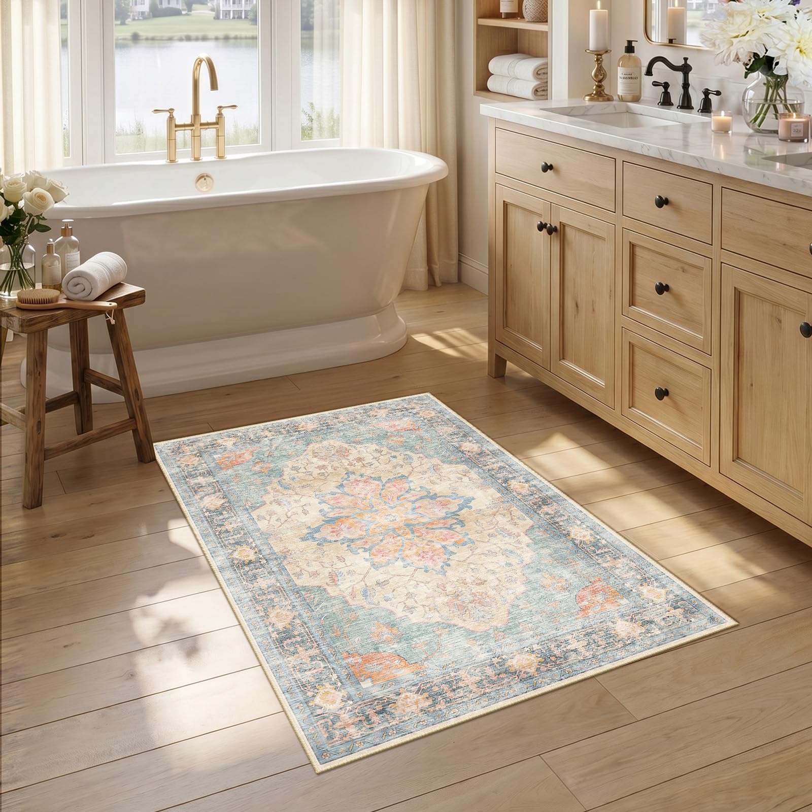 Washable Vintage Floral Area Rug