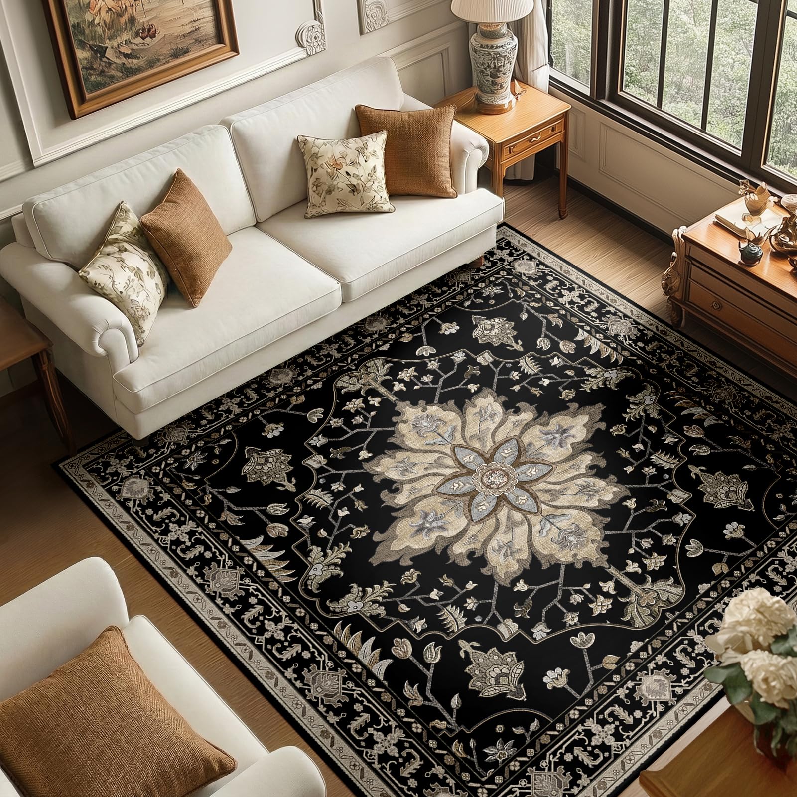 Washable Vintage Floral Area Rug