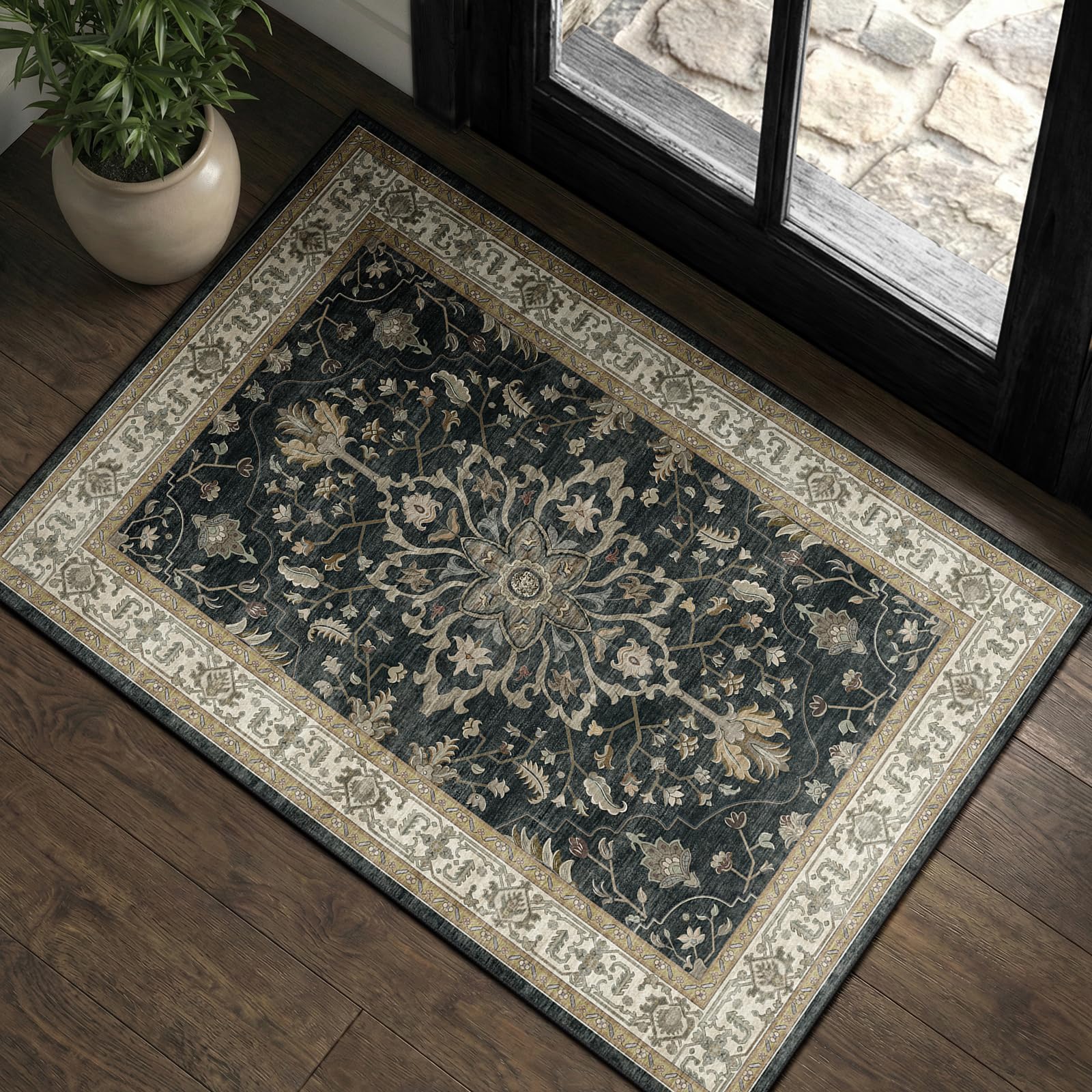 Washable Vintage Floral Area Rug