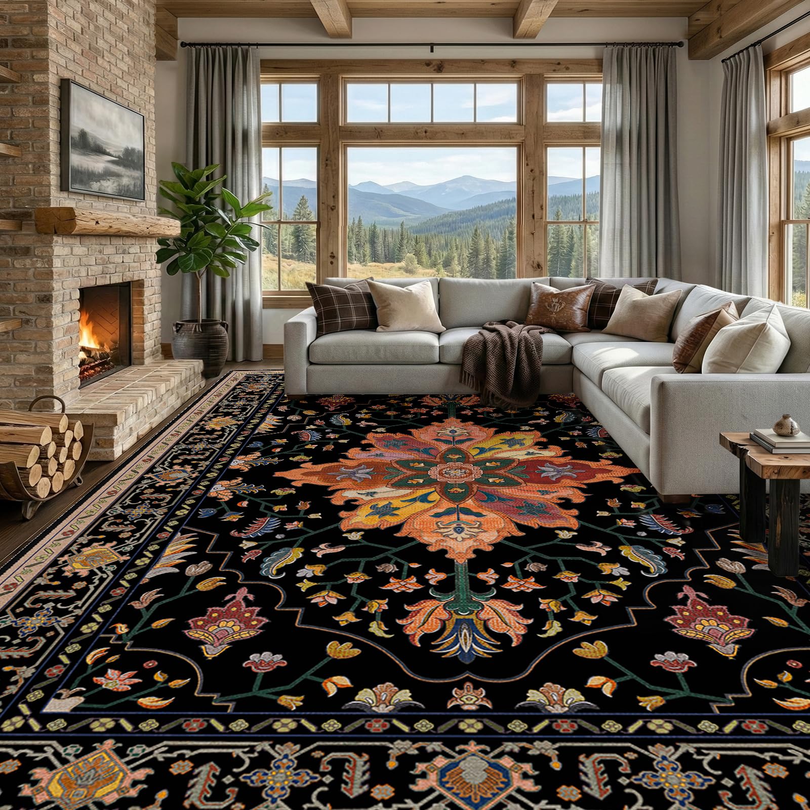 Washable Vintage Floral Area Rug