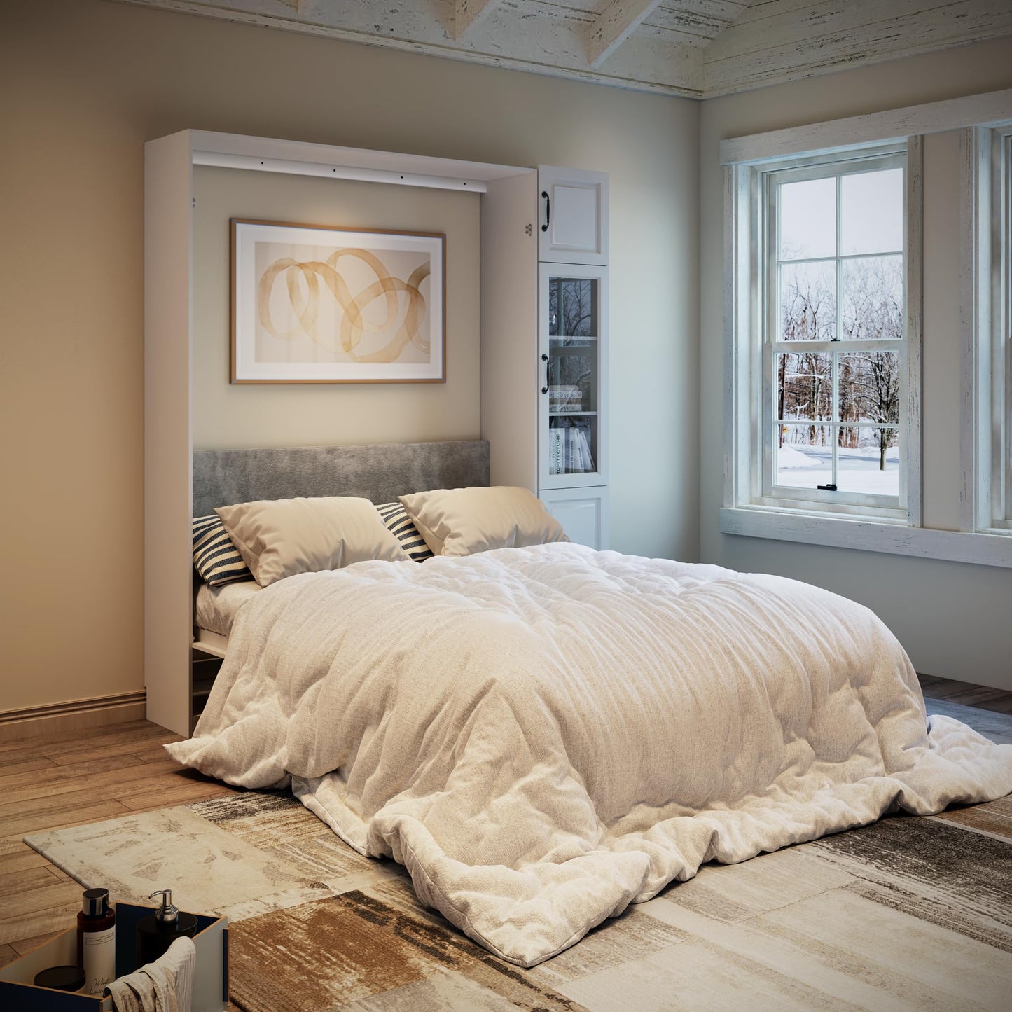 Farmhouse Queen Murphy Bed with Storage Cabinets