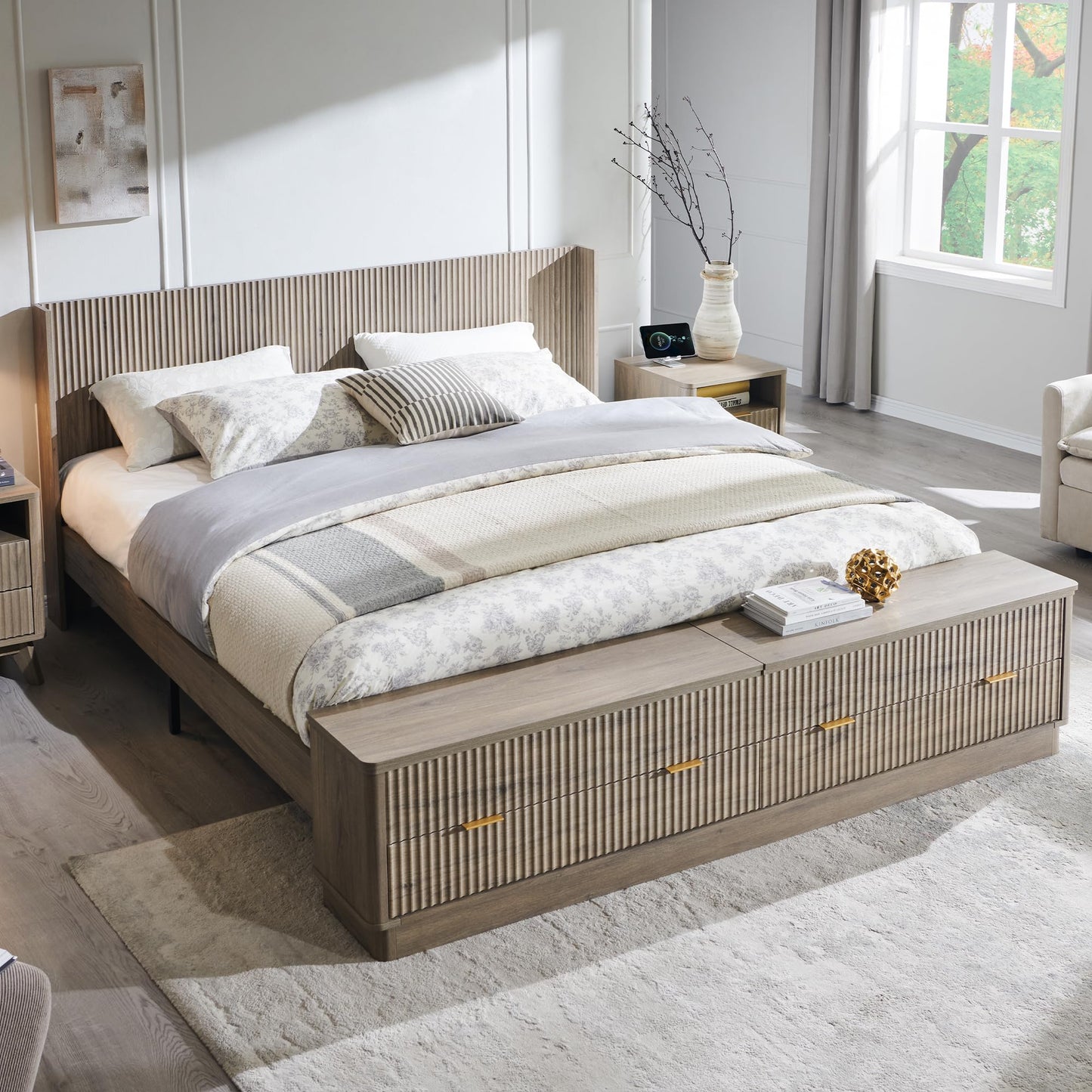 Fluted Storage Bed Frame with Wingback Headboard