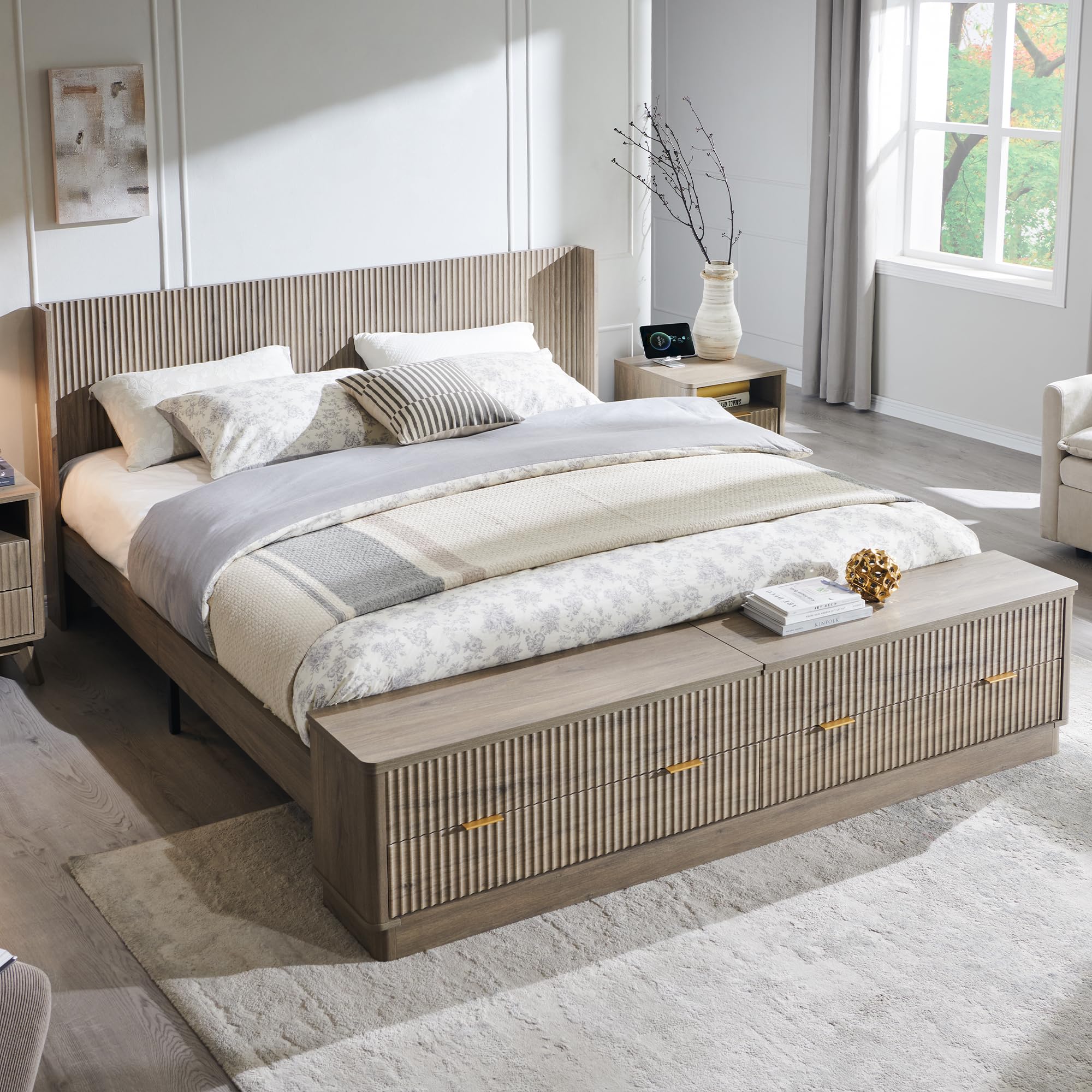 Fluted Storage Bed Frame with Wingback Headboard