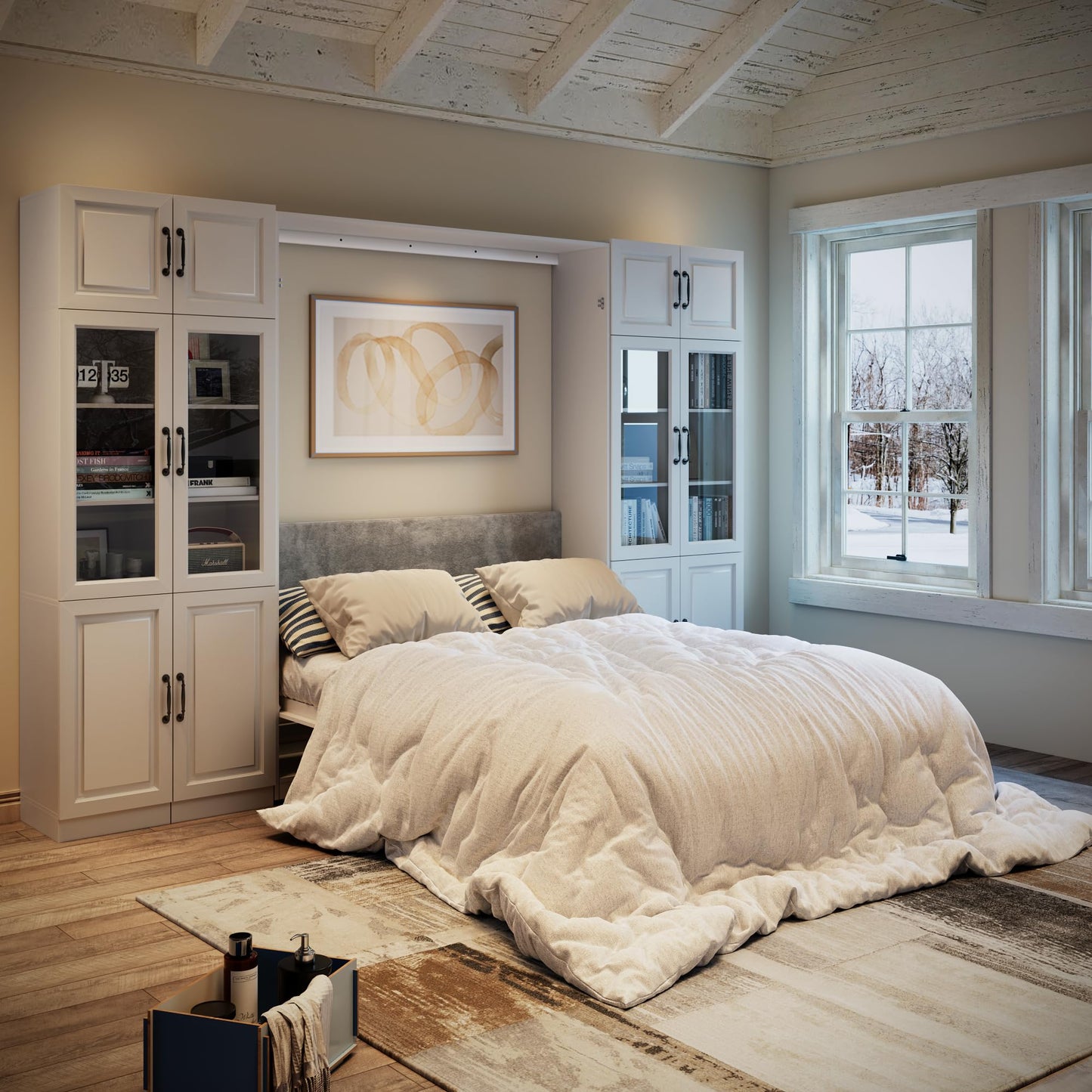 Farmhouse Queen Murphy Bed with Storage Cabinets