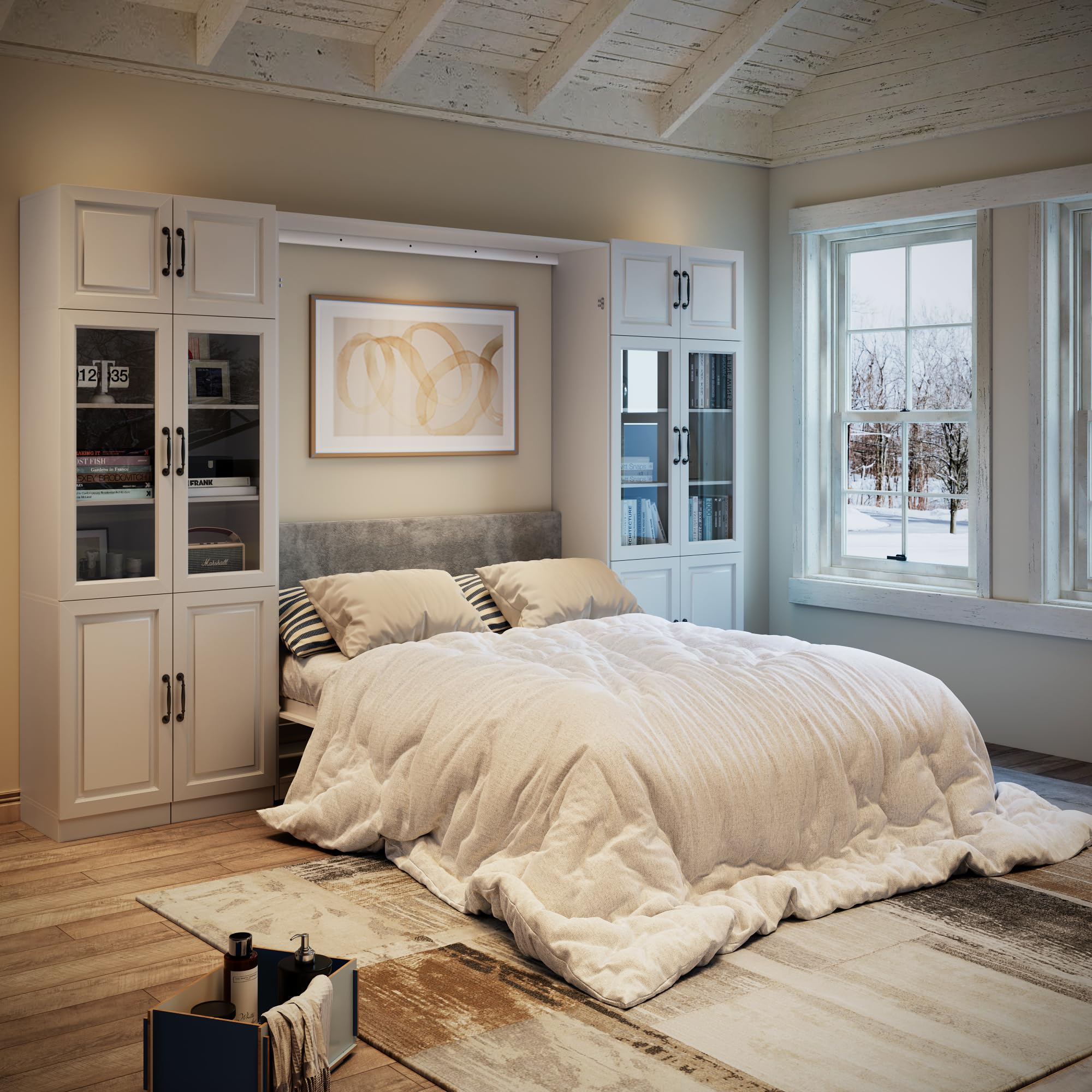 Farmhouse Queen Murphy Bed with Storage Cabinets