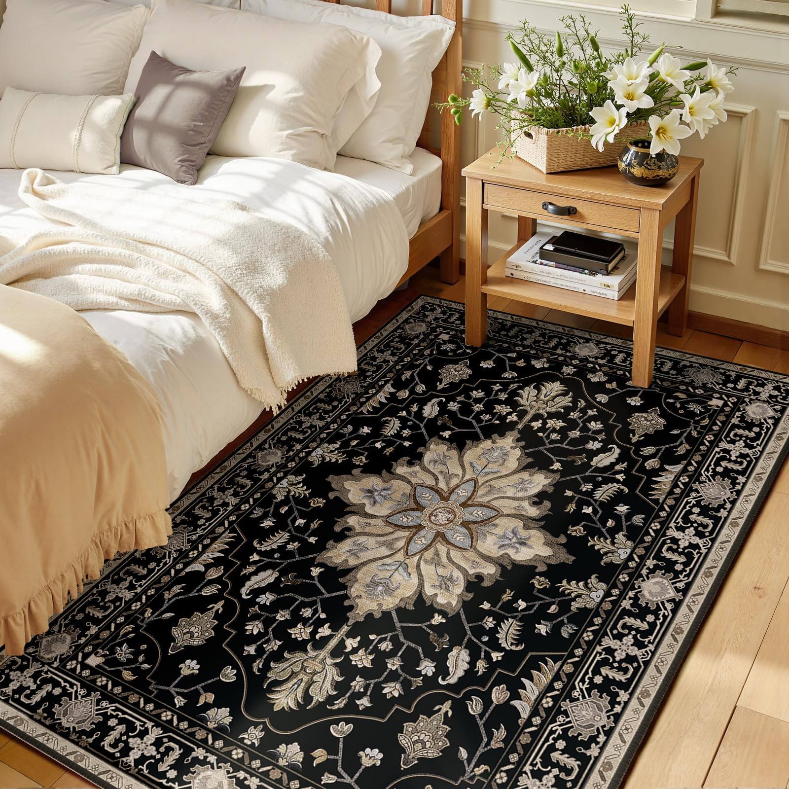 Washable Vintage Floral Area Rug