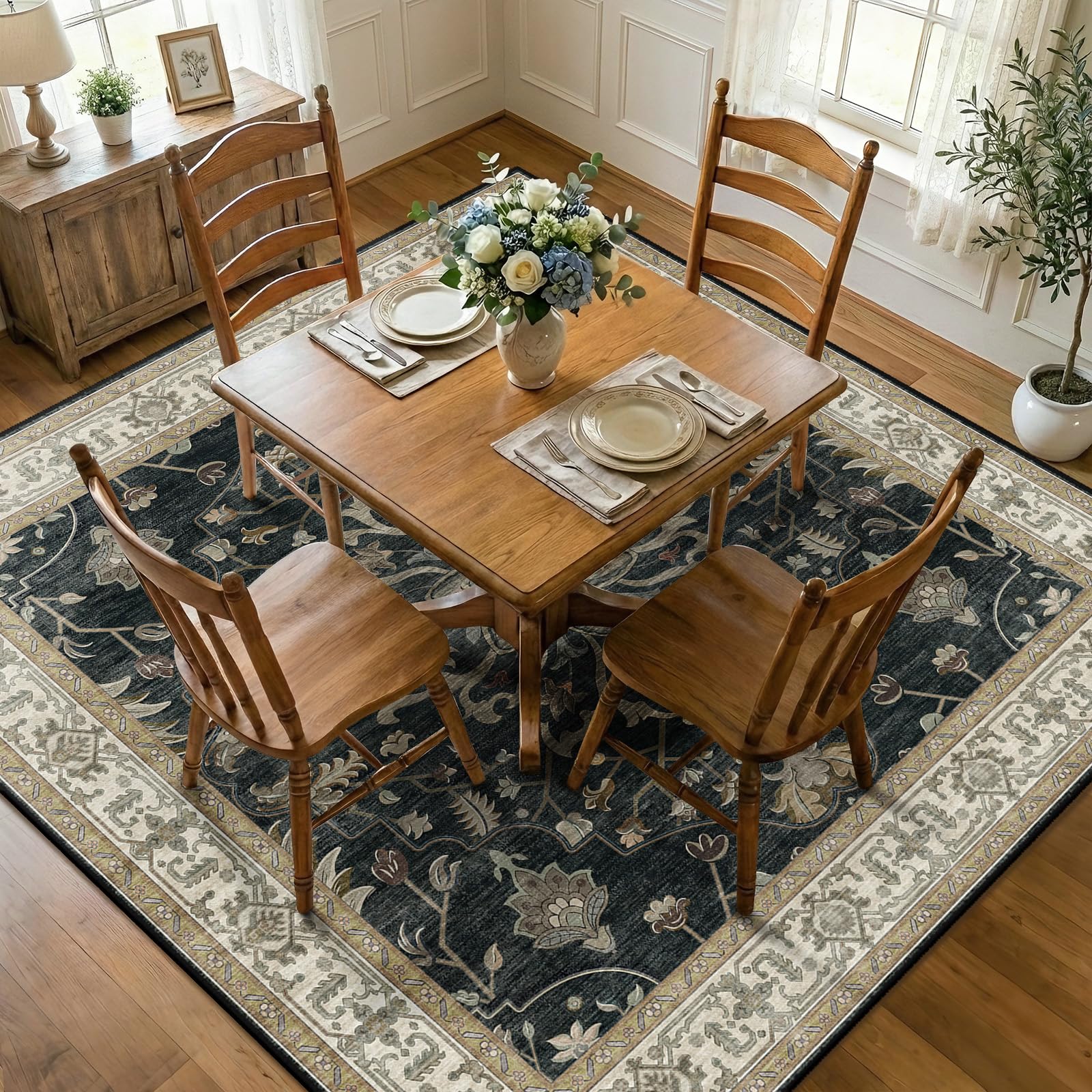 Washable Vintage Floral Area Rug