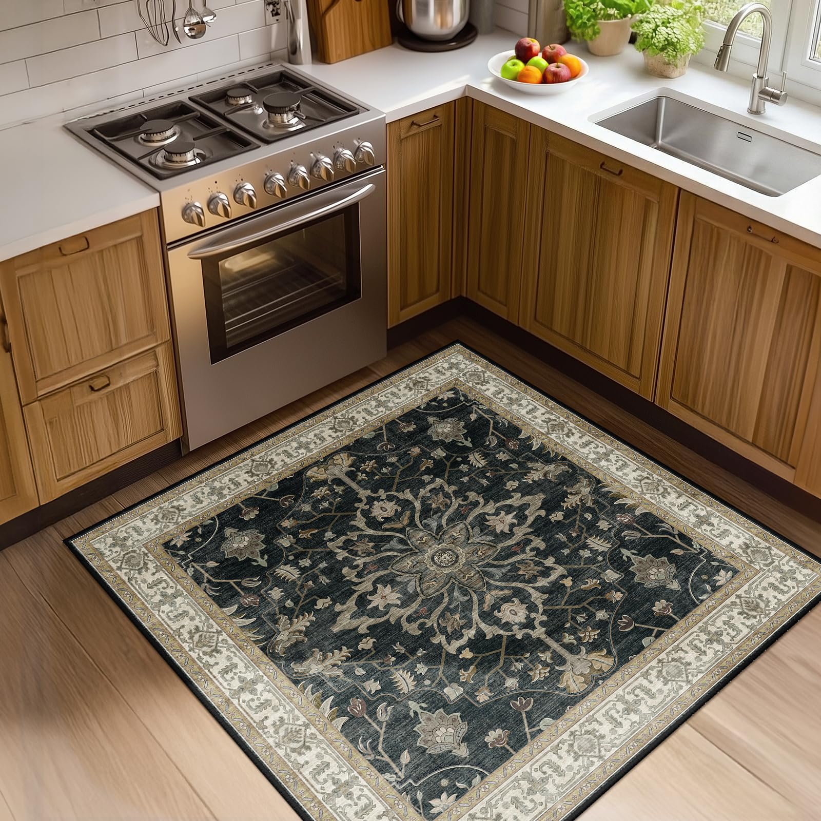 Washable Vintage Floral Area Rug