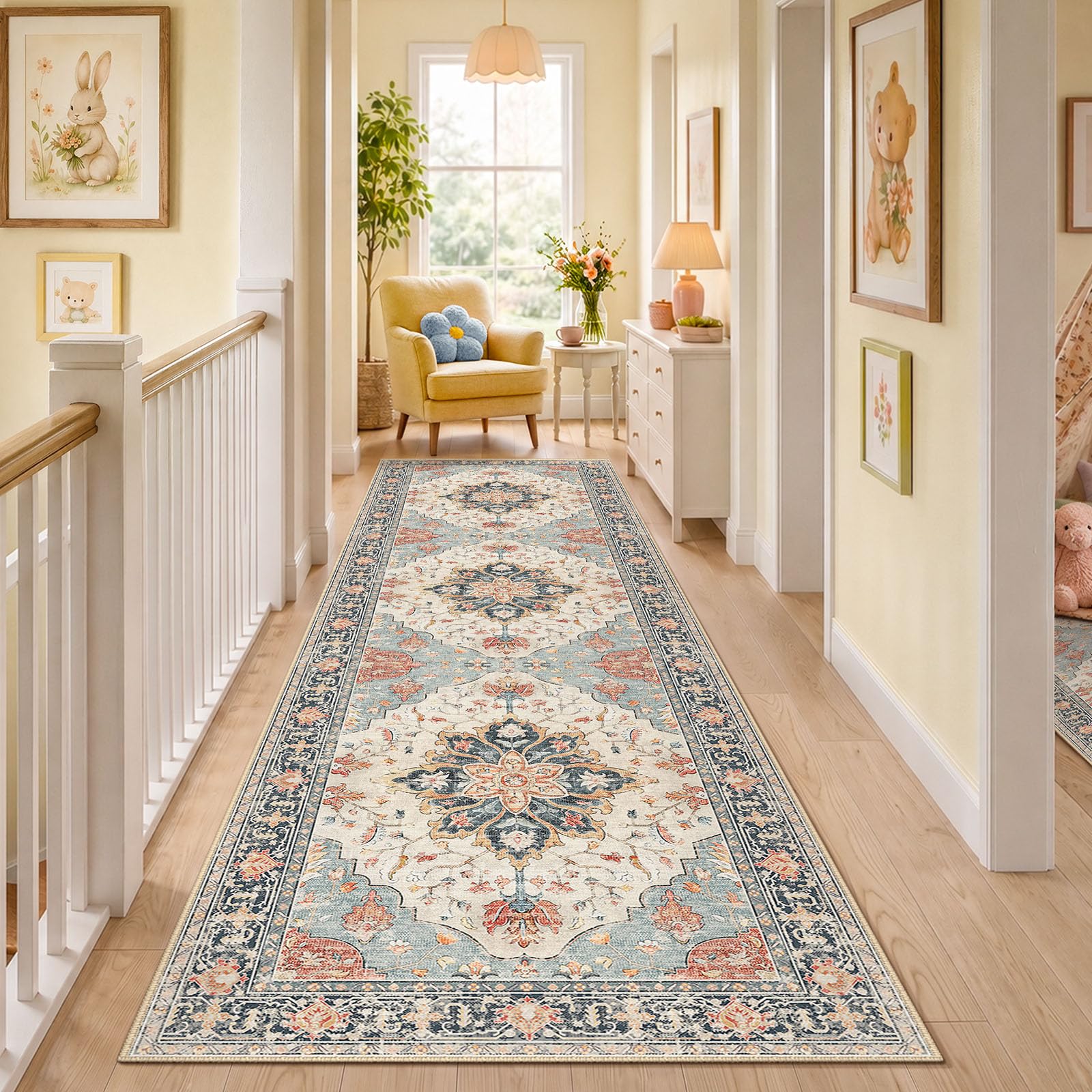 Washable Vintage Floral Area Rug