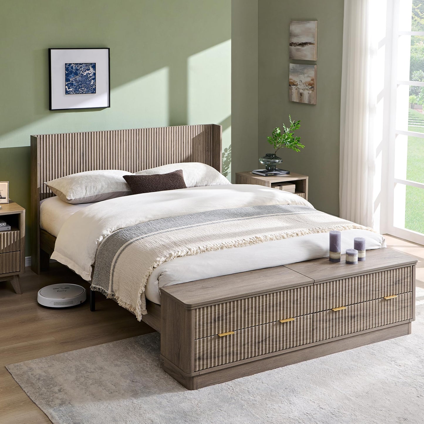 Fluted Storage Bed Frame with Wingback Headboard