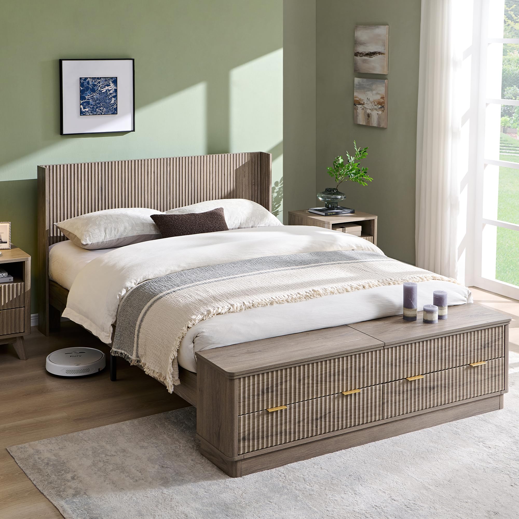 Fluted Storage Bed Frame with Wingback Headboard