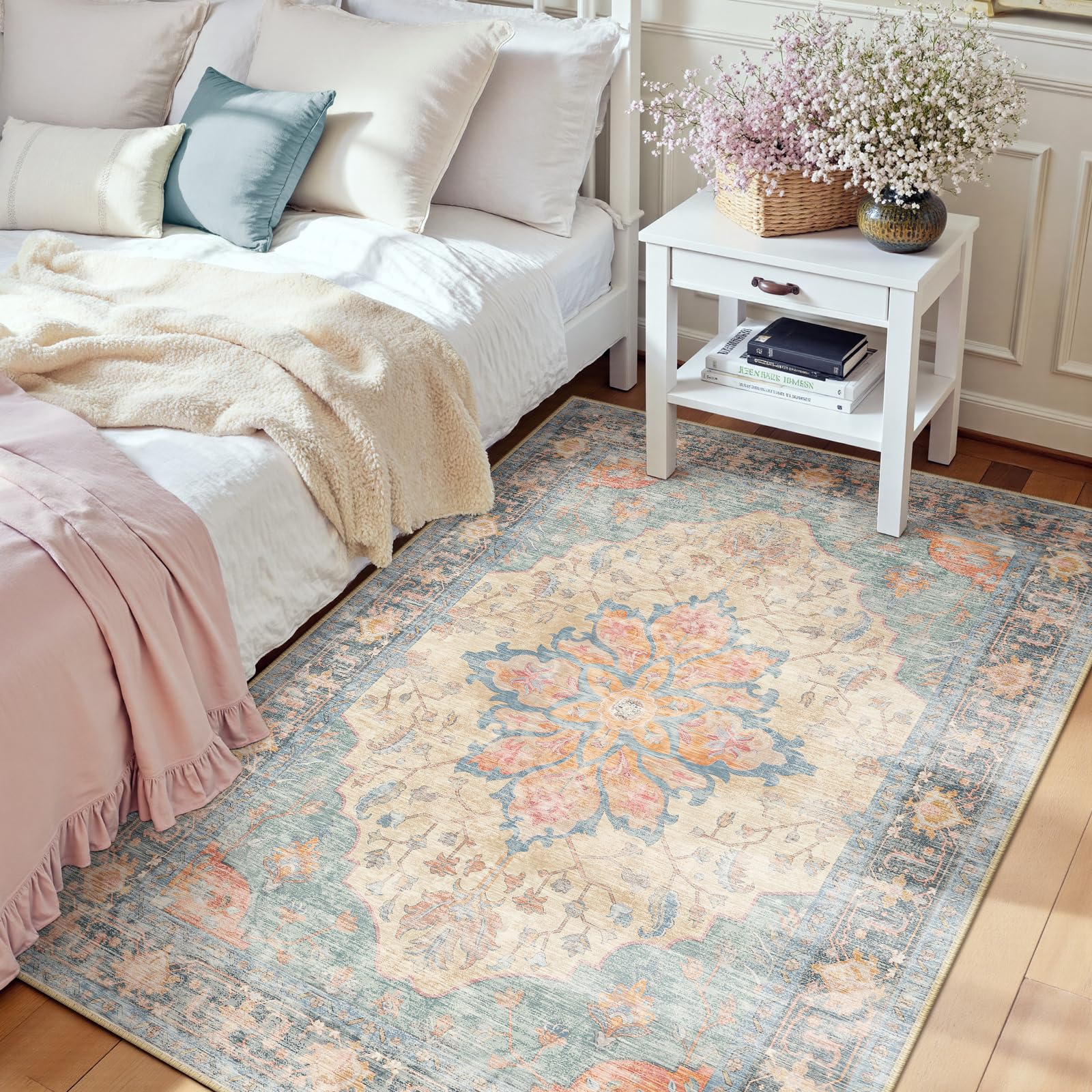 Washable Vintage Floral Area Rug