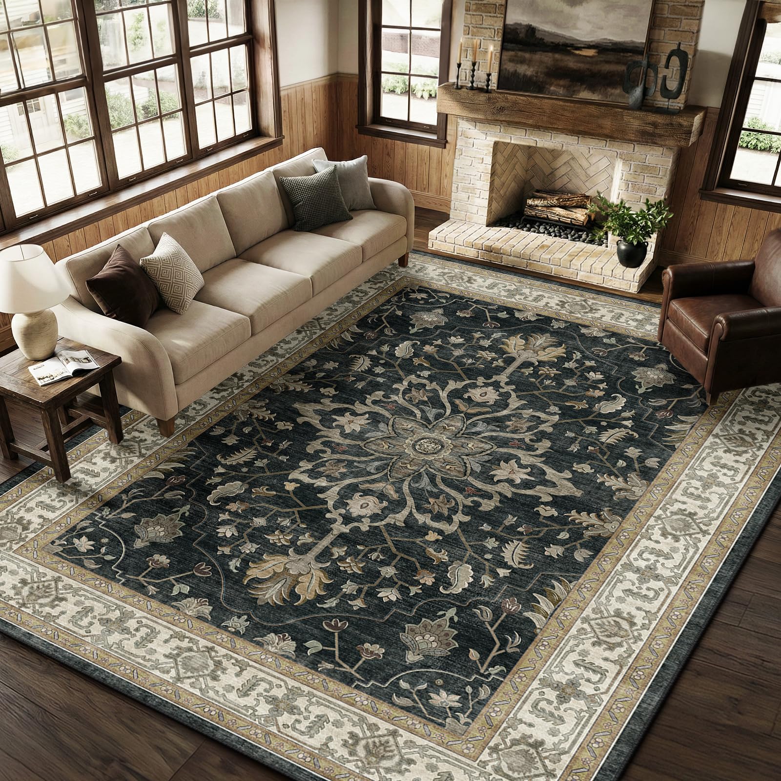 Washable Vintage Floral Area Rug