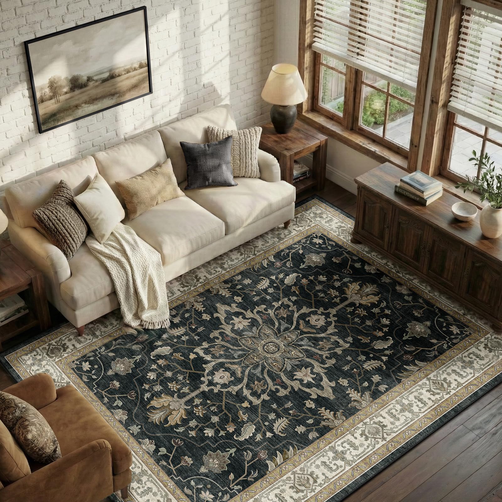 Washable Vintage Floral Area Rug
