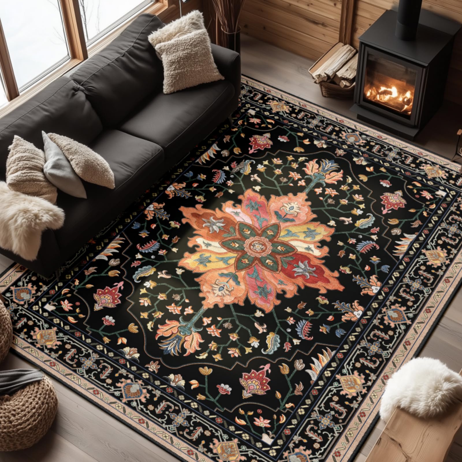 Washable Vintage Floral Area Rug