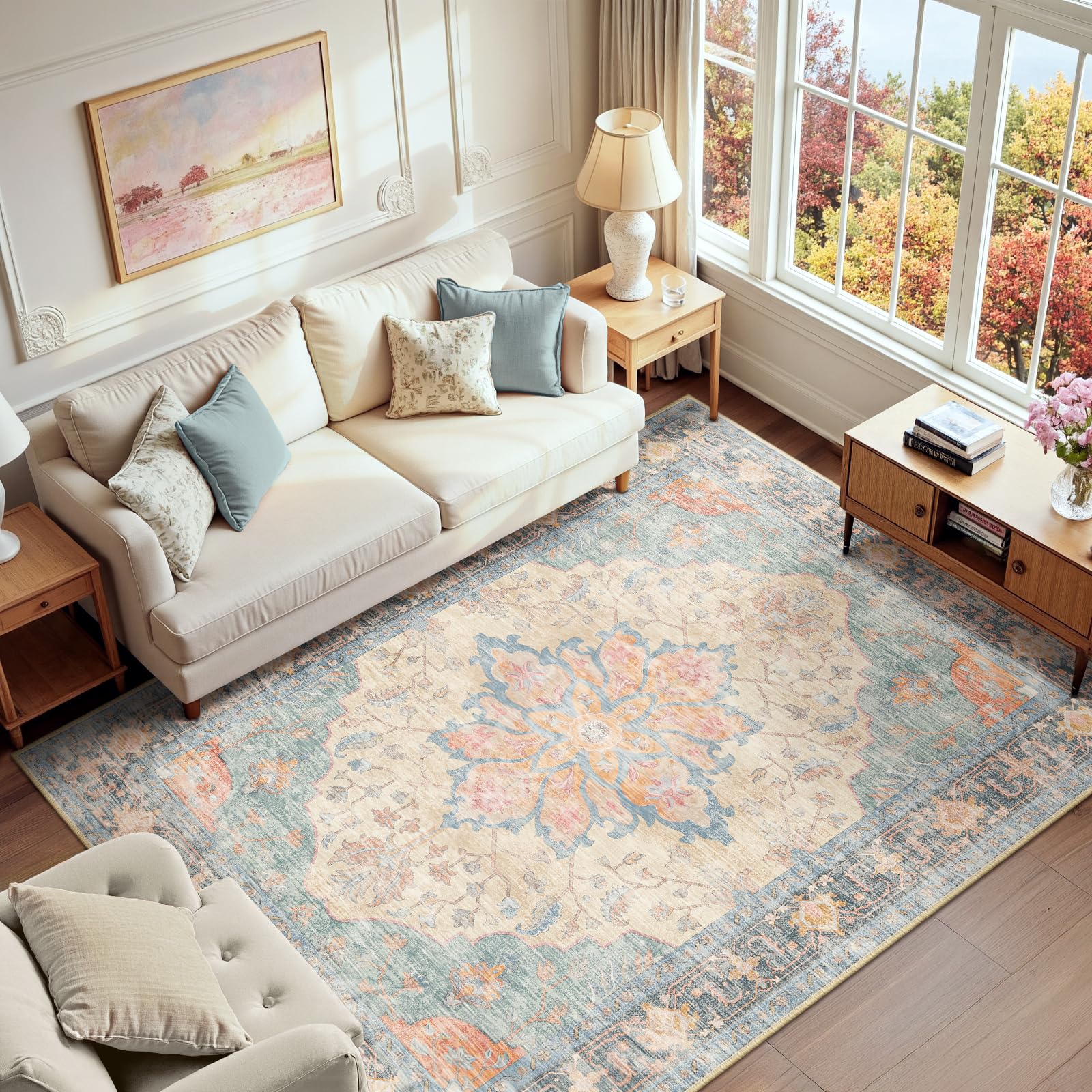Washable Vintage Floral Area Rug