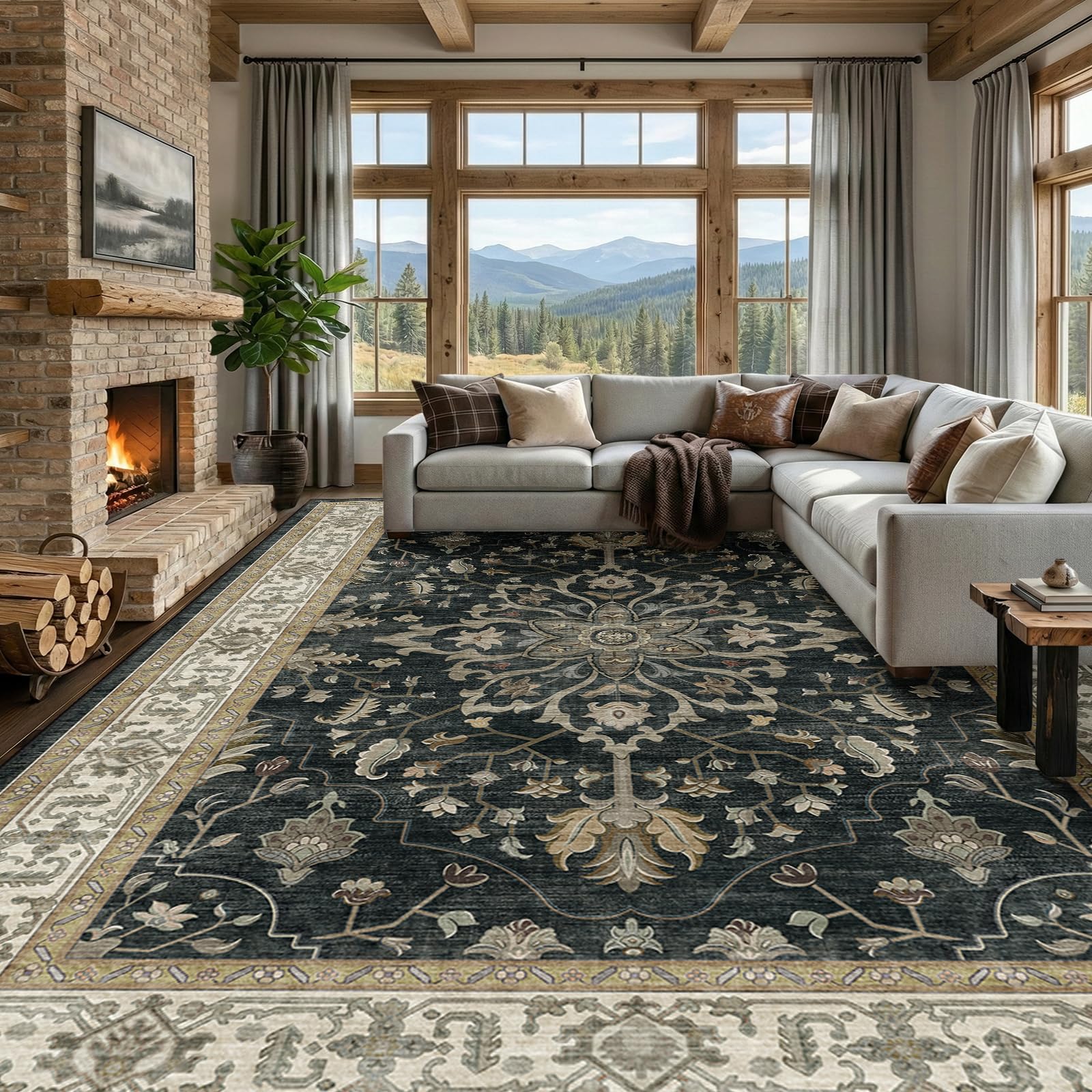 Washable Vintage Floral Area Rug